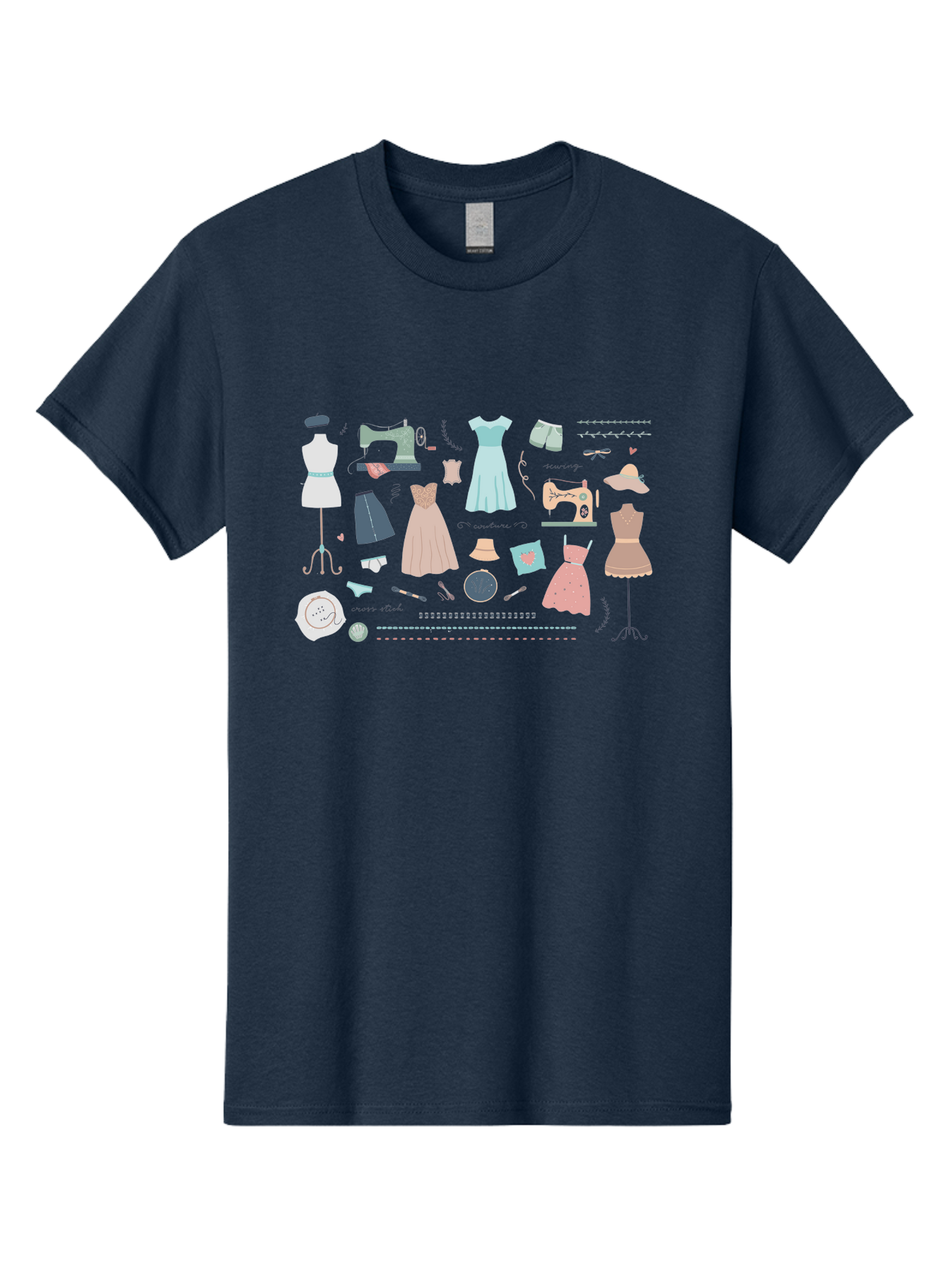 Sewing-Clipart Men'S Graphic Tee, 100% Cotton, Comfortable Casual Summer Wear, Machine Washable, Dresses, Sewing Machines, Mannequins, Fashion Design, Textile Art, Sewing Tools, Threads, Buttons, Fashion Illustration, Custom Clothing, Aac098