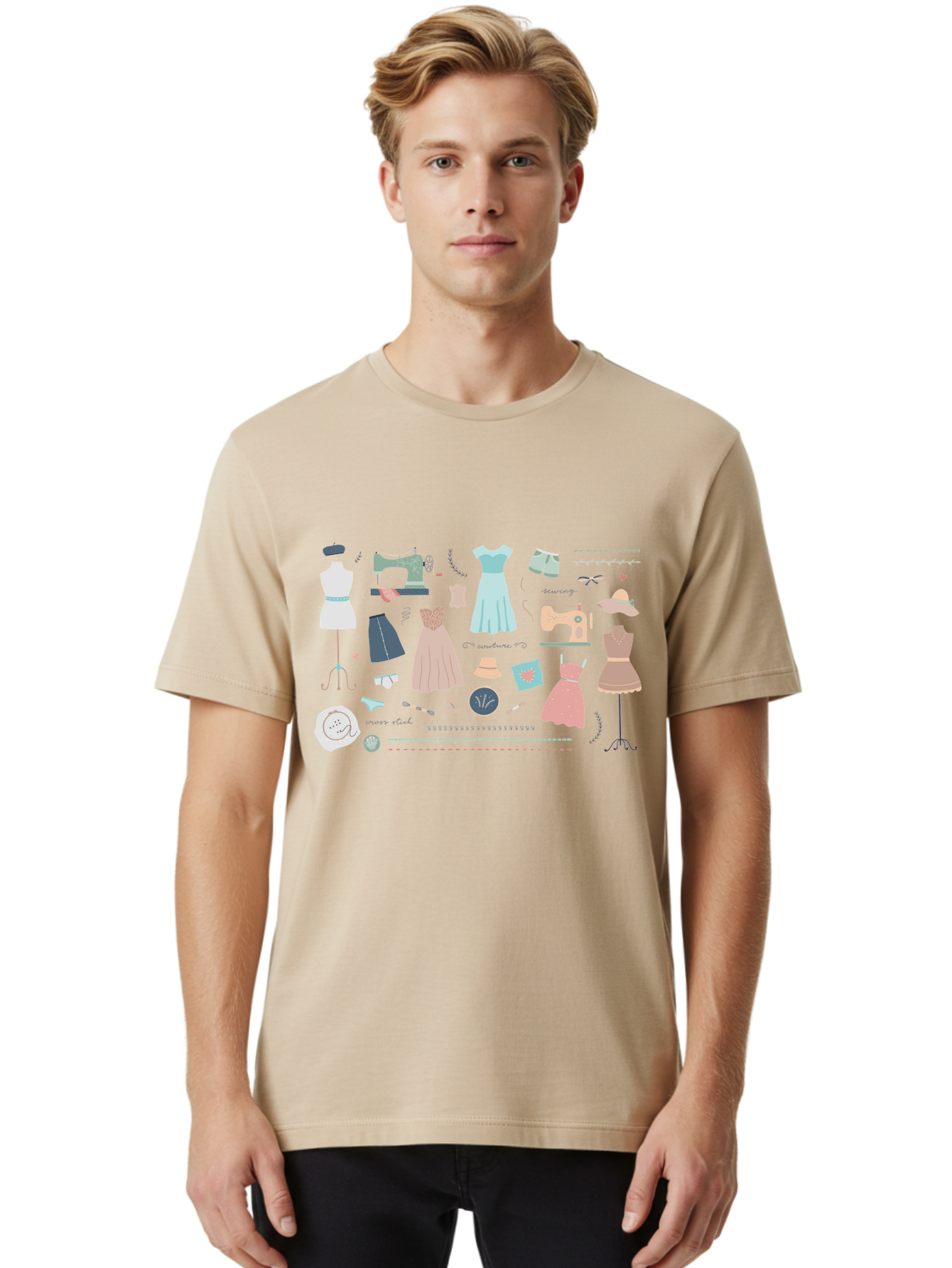 Sewing-Clipart Men'S Graphic Tee, 100% Cotton, Comfortable Casual Summer Wear, Machine Washable, Dresses, Sewing Machines, Mannequins, Fashion Design, Textile Art, Sewing Tools, Threads, Buttons, Fashion Illustration, Custom Clothing, Aac098 22