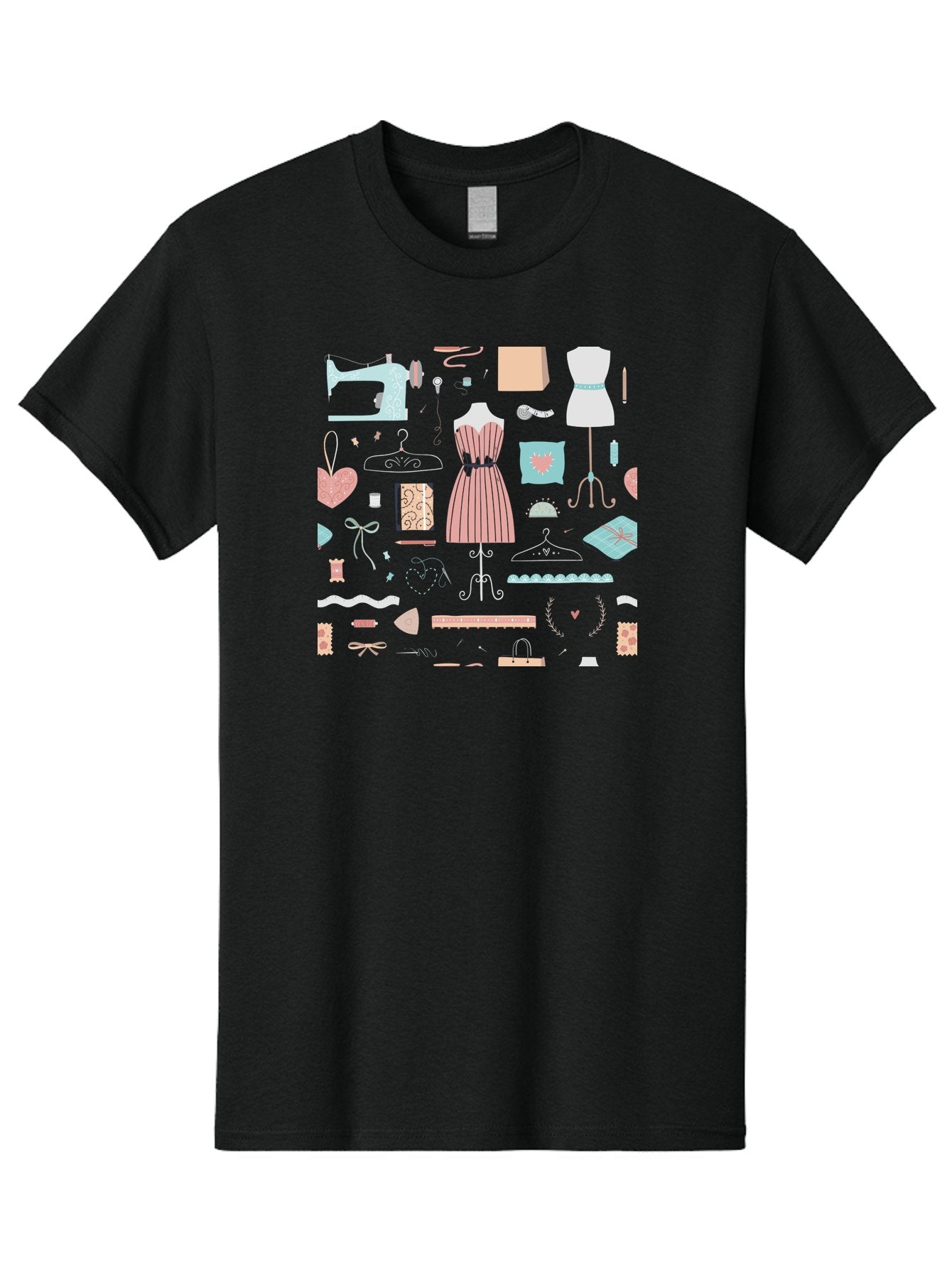 Sewing-Icons Men'S Graphic Tee, 100% Cotton, Comfortable Casual Summer Wear, Machine Washable, Fashion Design, Sewing Machine, Mannequin, Dress, Clothing Hangers, Sewing Accessories, Fashion Accessories, Gift Wrapping, Hearts, Bows, Ribbons, Aac099 9