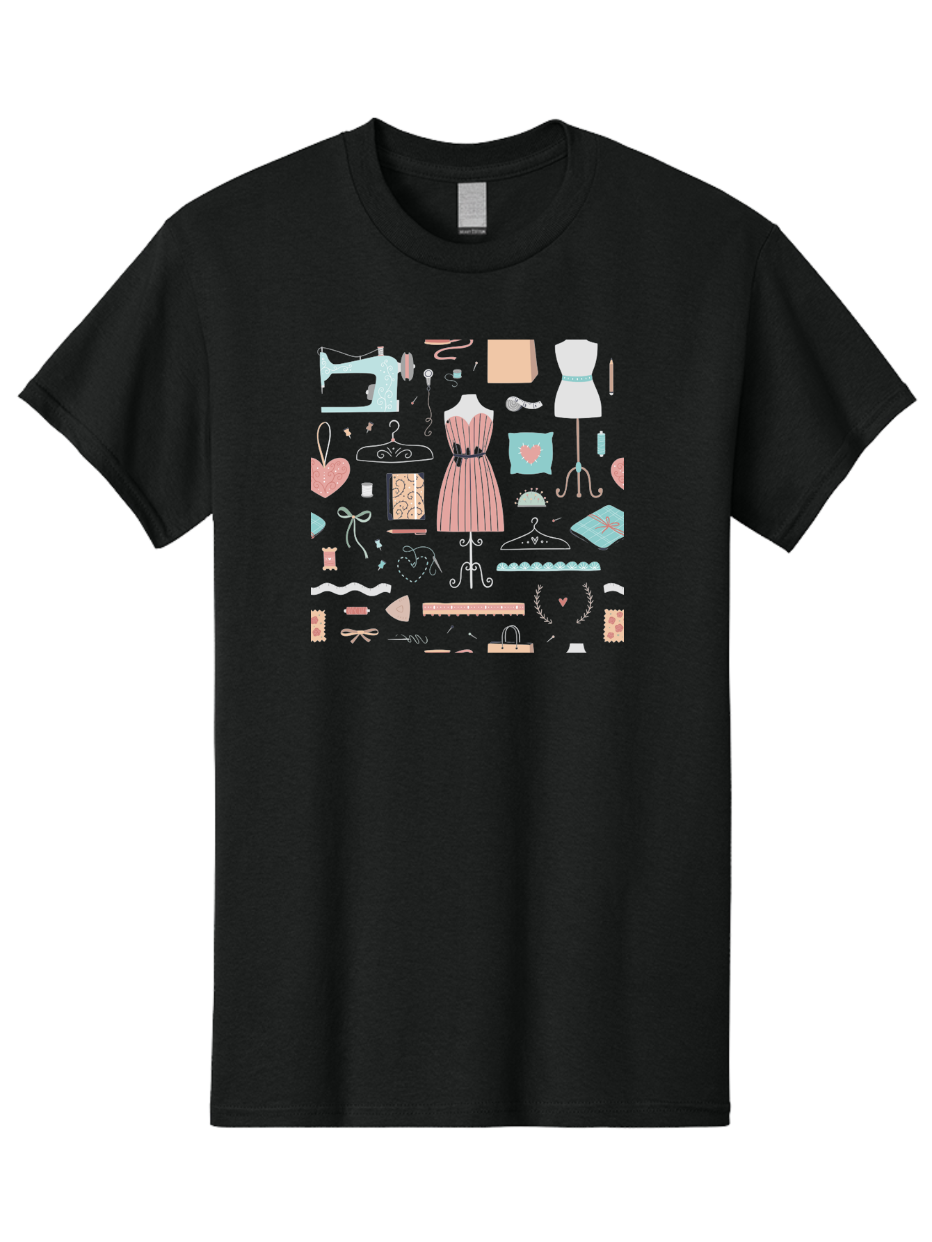 Sewing-Icons Men'S Graphic Tee, 100% Cotton, Comfortable Casual Summer Wear, Machine Washable, Fashion Design, Sewing Machine, Mannequin, Dress, Clothing Hangers, Sewing Accessories, Fashion Accessories, Gift Wrapping, Hearts, Bows, Ribbons, Aac099 9