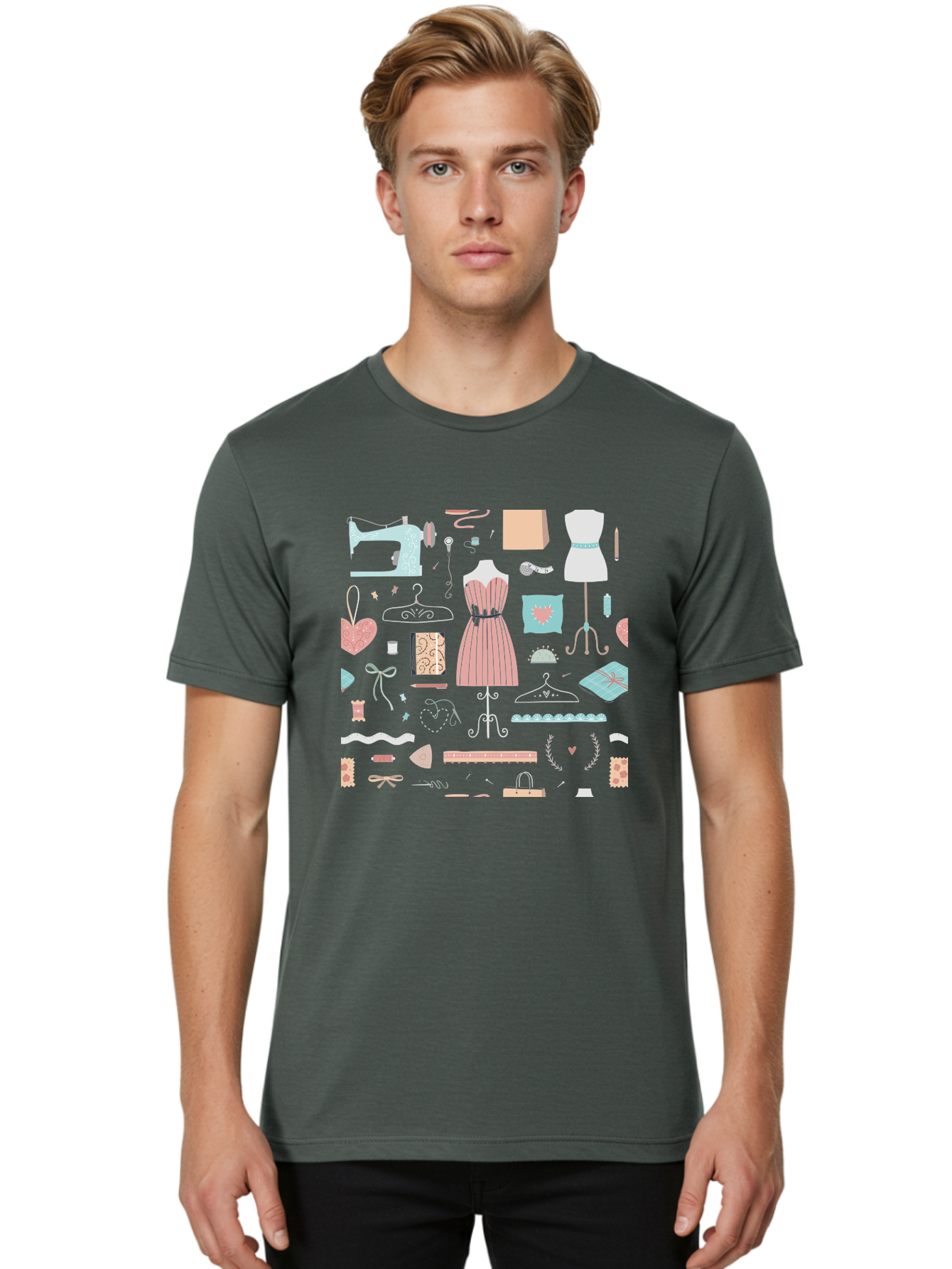 Sewing-Icons Men'S Graphic Tee, 100% Cotton, Comfortable Casual Summer Wear, Machine Washable, Fashion Design, Sewing Machine, Mannequin, Dress, Clothing Hangers, Sewing Accessories, Fashion Accessories, Gift Wrapping, Hearts, Bows, Ribbons, Aac099 12