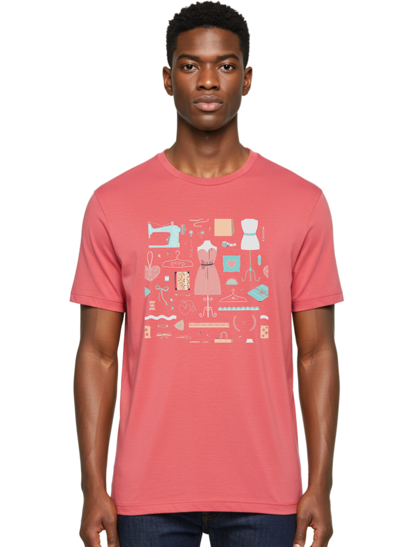Sewing-Icons Men'S Graphic Tee, 100% Cotton, Comfortable Casual Summer Wear, Machine Washable, Fashion Design, Sewing Machine, Mannequin, Dress, Clothing Hangers, Sewing Accessories, Fashion Accessories, Gift Wrapping, Hearts, Bows, Ribbons, Aac099 22