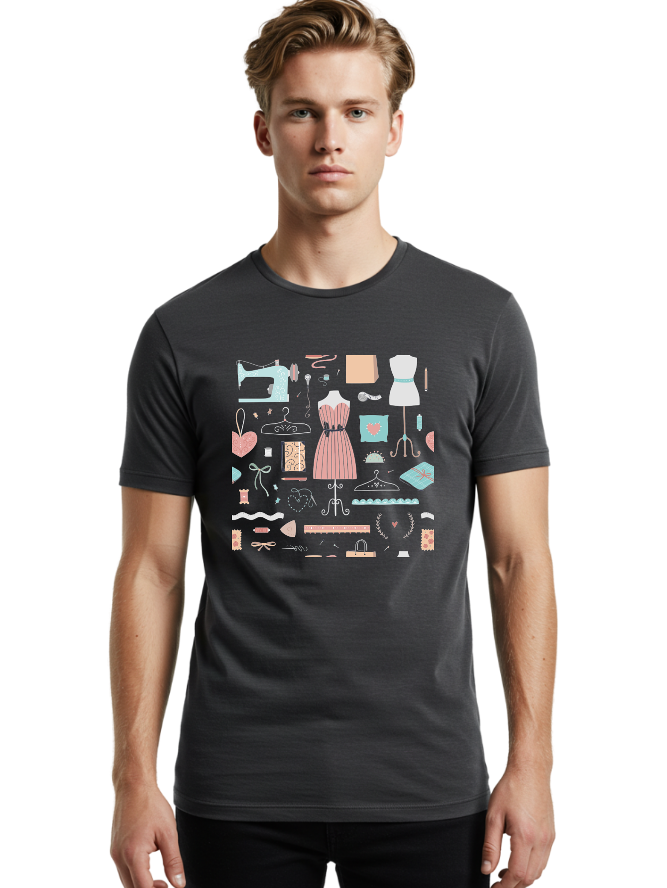 Sewing-Icons Men'S Graphic Tee, 100% Cotton, Comfortable Casual Summer Wear, Machine Washable, Fashion Design, Sewing Machine, Mannequin, Dress, Clothing Hangers, Sewing Accessories, Fashion Accessories, Gift Wrapping, Hearts, Bows, Ribbons, Aac099 28