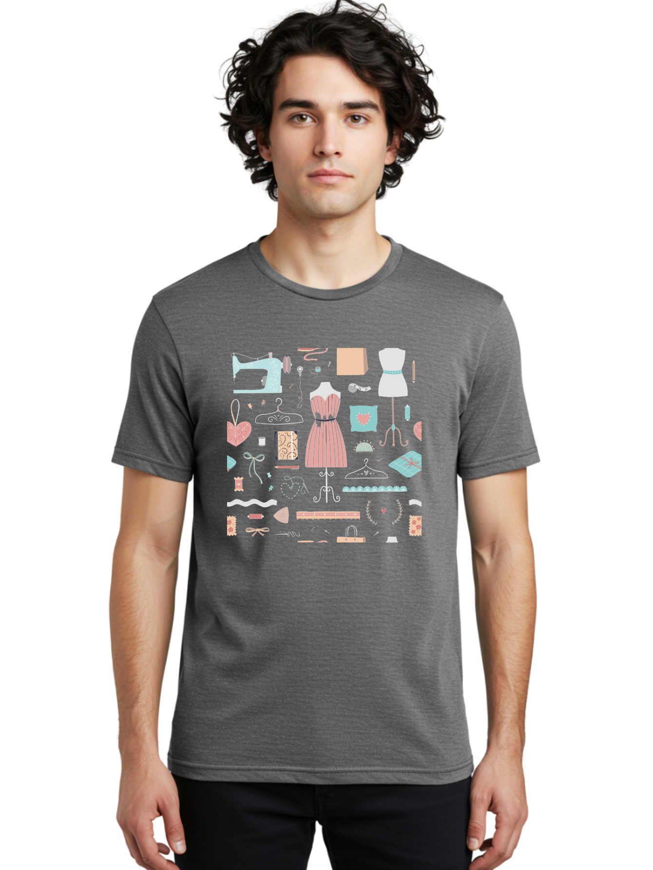 Sewing-Icons Men'S Graphic Tee, 100% Cotton, Comfortable Casual Summer Wear, Machine Washable, Fashion Design, Sewing Machine, Mannequin, Dress, Clothing Hangers, Sewing Accessories, Fashion Accessories, Gift Wrapping, Hearts, Bows, Ribbons, Aac099 4