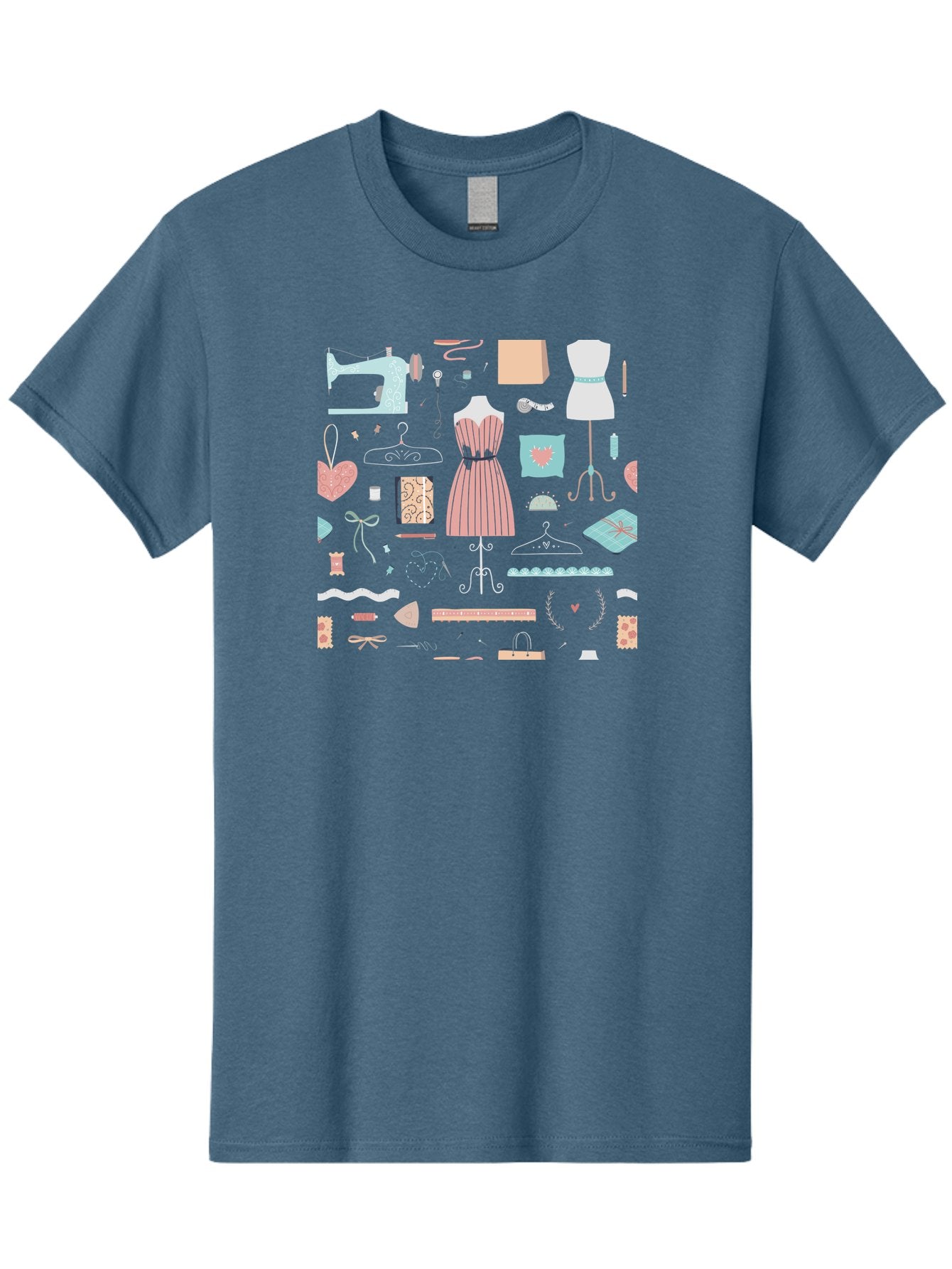 Sewing-Icons Men'S Graphic Tee, 100% Cotton, Comfortable Casual Summer Wear, Machine Washable, Fashion Design, Sewing Machine, Mannequin, Dress, Clothing Hangers, Sewing Accessories, Fashion Accessories, Gift Wrapping, Hearts, Bows, Ribbons, Aac099 3