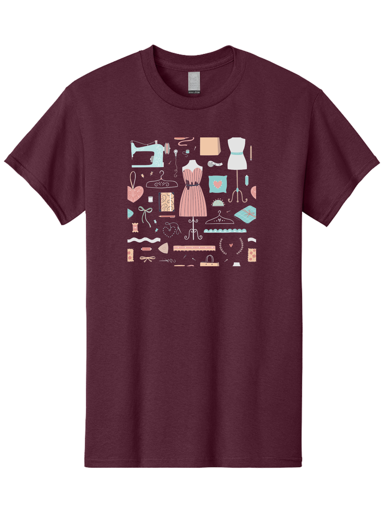 Sewing-Icons Men'S Graphic Tee, 100% Cotton, Comfortable Casual Summer Wear, Machine Washable, Fashion Design, Sewing Machine, Mannequin, Dress, Clothing Hangers, Sewing Accessories, Fashion Accessories, Gift Wrapping, Hearts, Bows, Ribbons, Aac099 19