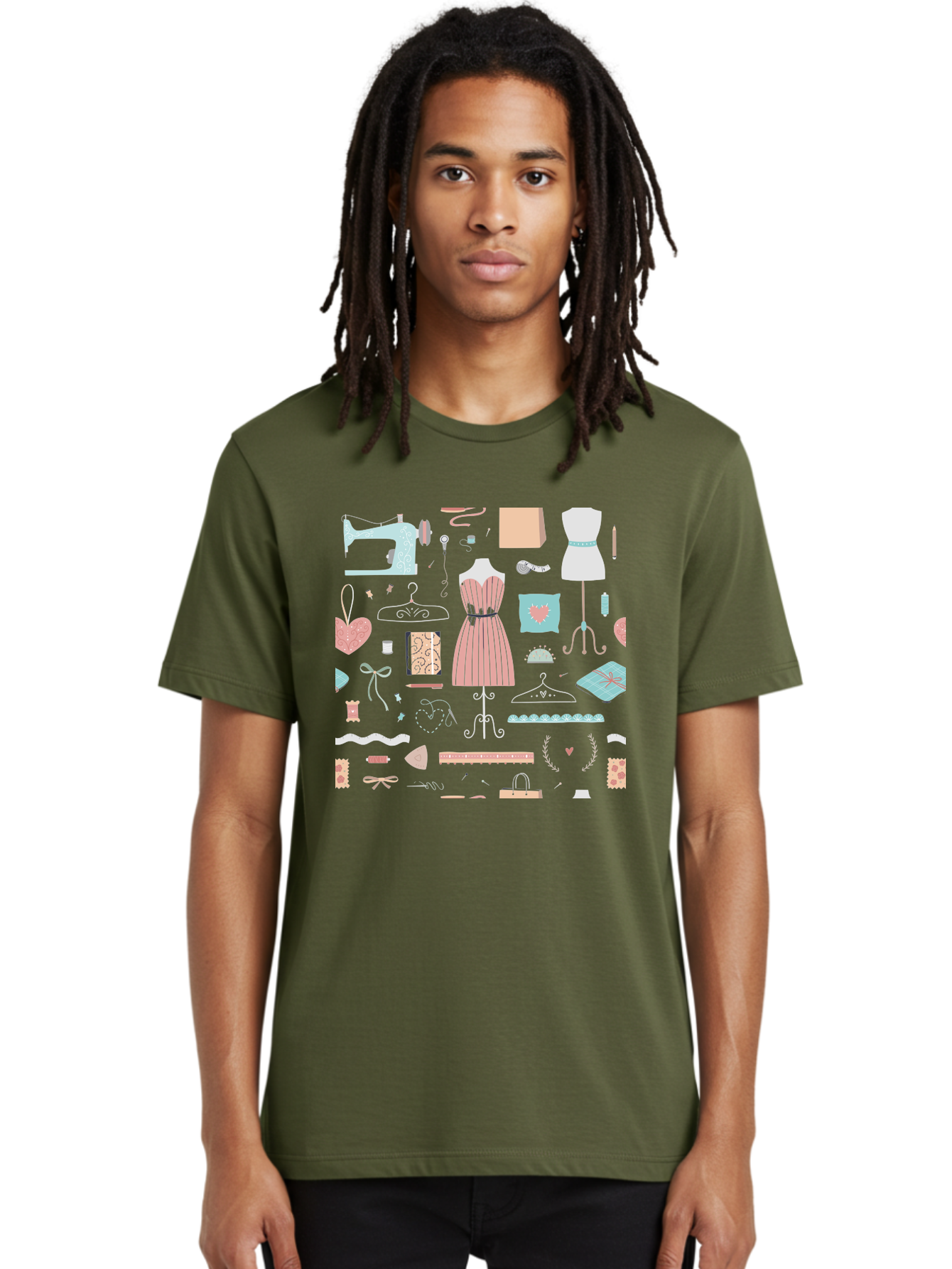 Sewing-Icons Men'S Graphic Tee, 100% Cotton, Comfortable Casual Summer Wear, Machine Washable, Fashion Design, Sewing Machine, Mannequin, Dress, Clothing Hangers, Sewing Accessories, Fashion Accessories, Gift Wrapping, Hearts, Bows, Ribbons, Aac099 26
