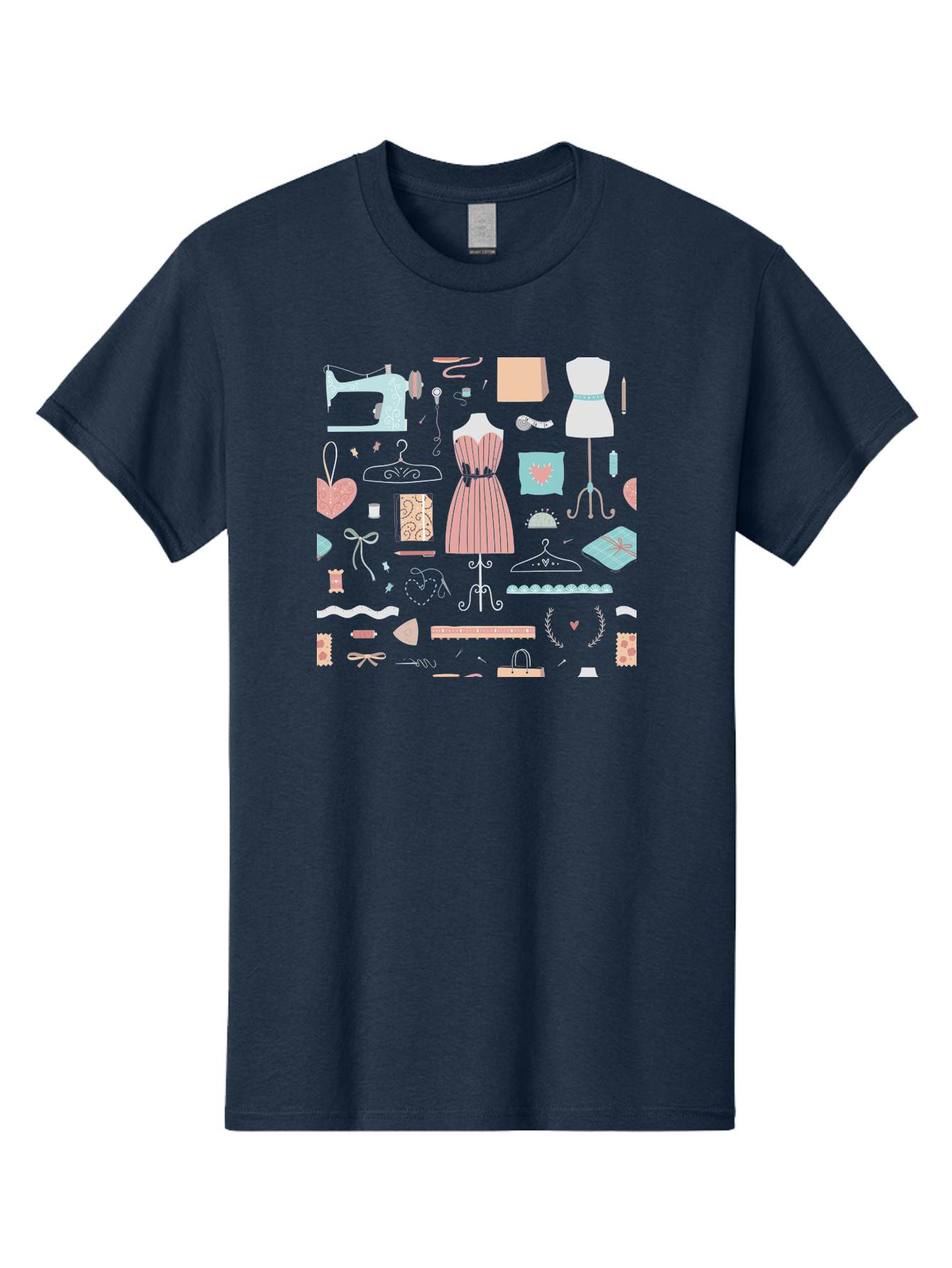 Sewing-Icons Men'S Graphic Tee, 100% Cotton, Comfortable Casual Summer Wear, Machine Washable, Fashion Design, Sewing Machine, Mannequin, Dress, Clothing Hangers, Sewing Accessories, Fashion Accessories, Gift Wrapping, Hearts, Bows, Ribbons, Aac099 23