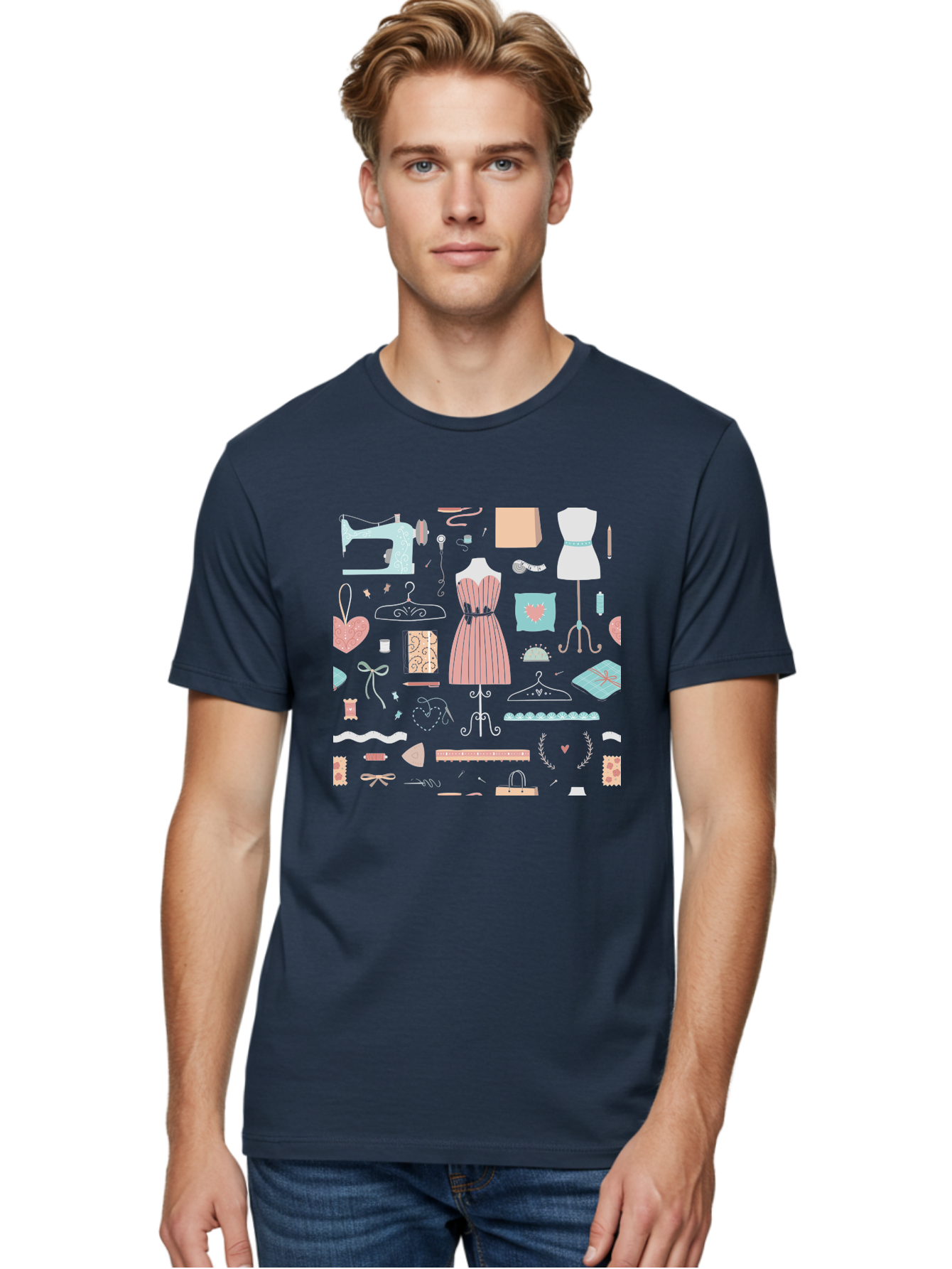 Sewing-Icons Men'S Graphic Tee, 100% Cotton, Comfortable Casual Summer Wear, Machine Washable, Fashion Design, Sewing Machine, Mannequin, Dress, Clothing Hangers, Sewing Accessories, Fashion Accessories, Gift Wrapping, Hearts, Bows, Ribbons, Aac099 24