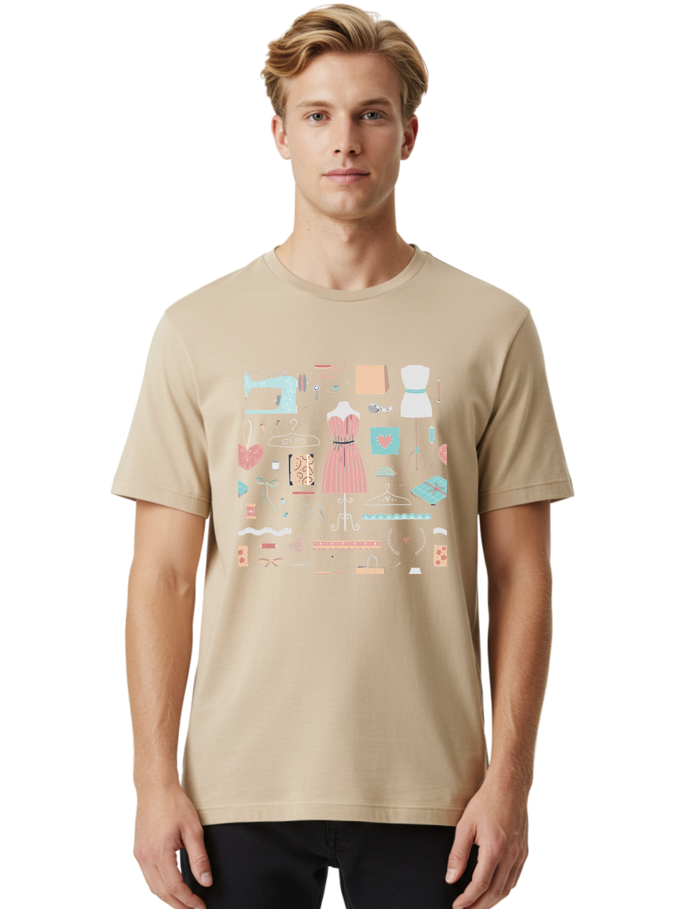 Sewing-Icons Men'S Graphic Tee, 100% Cotton, Comfortable Casual Summer Wear, Machine Washable, Fashion Design, Sewing Machine, Mannequin, Dress, Clothing Hangers, Sewing Accessories, Fashion Accessories, Gift Wrapping, Hearts, Bows, Ribbons, Aac099 14