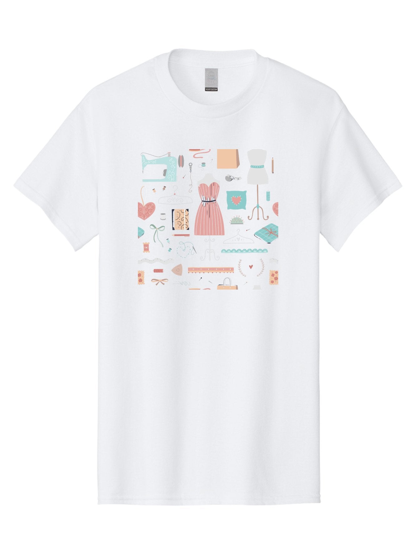 Sewing-Icons Men'S Graphic Tee, 100% Cotton, Comfortable Casual Summer Wear, Machine Washable, Fashion Design, Sewing Machine, Mannequin, Dress, Clothing Hangers, Sewing Accessories, Fashion Accessories, Gift Wrapping, Hearts, Bows, Ribbons, Aac099 13