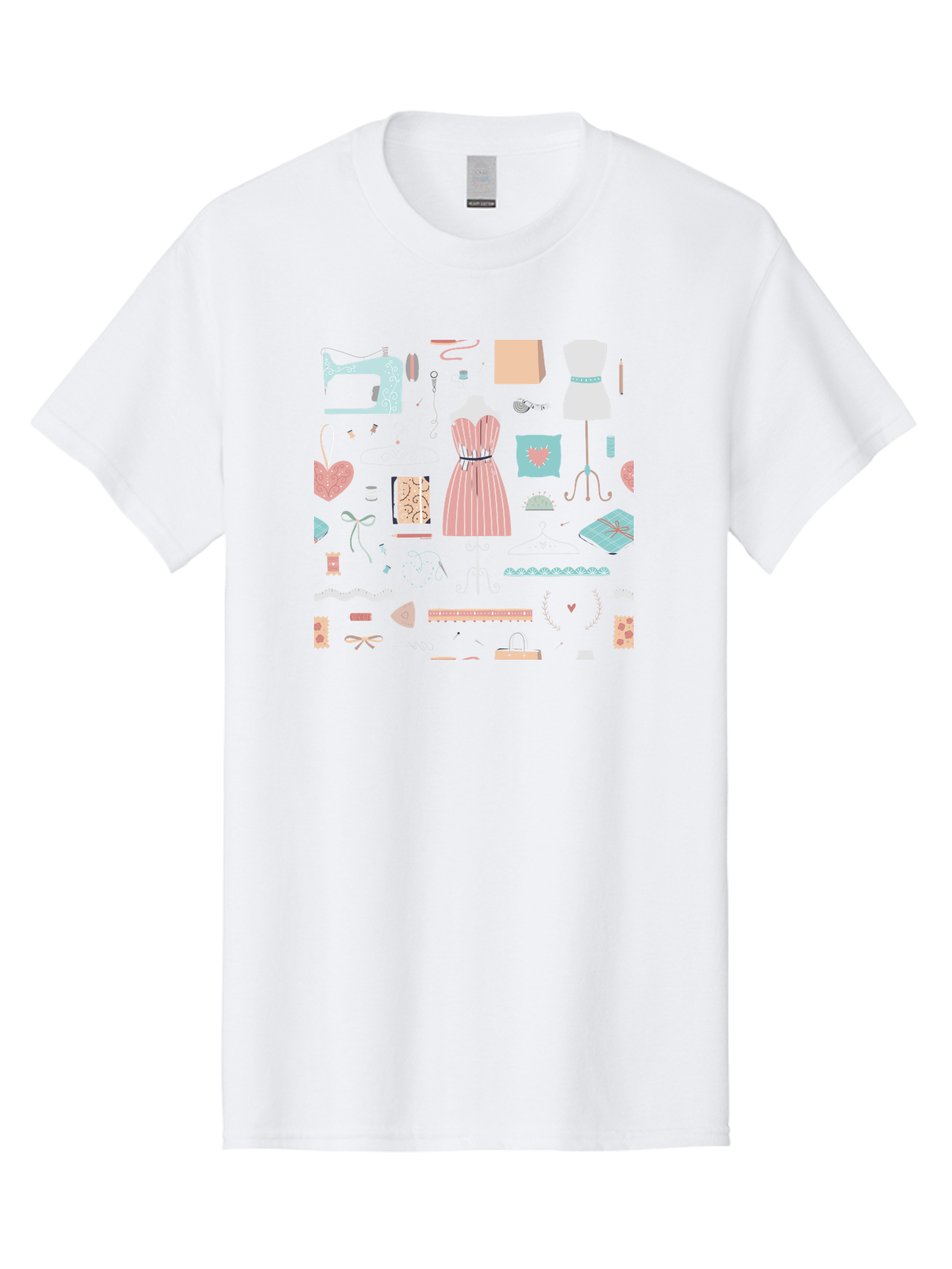 Sewing-Icons Men'S Graphic Tee, 100% Cotton, Comfortable Casual Summer Wear, Machine Washable, Fashion Design, Sewing Machine, Mannequin, Dress, Clothing Hangers, Sewing Accessories, Fashion Accessories, Gift Wrapping, Hearts, Bows, Ribbons, Aac099 29
