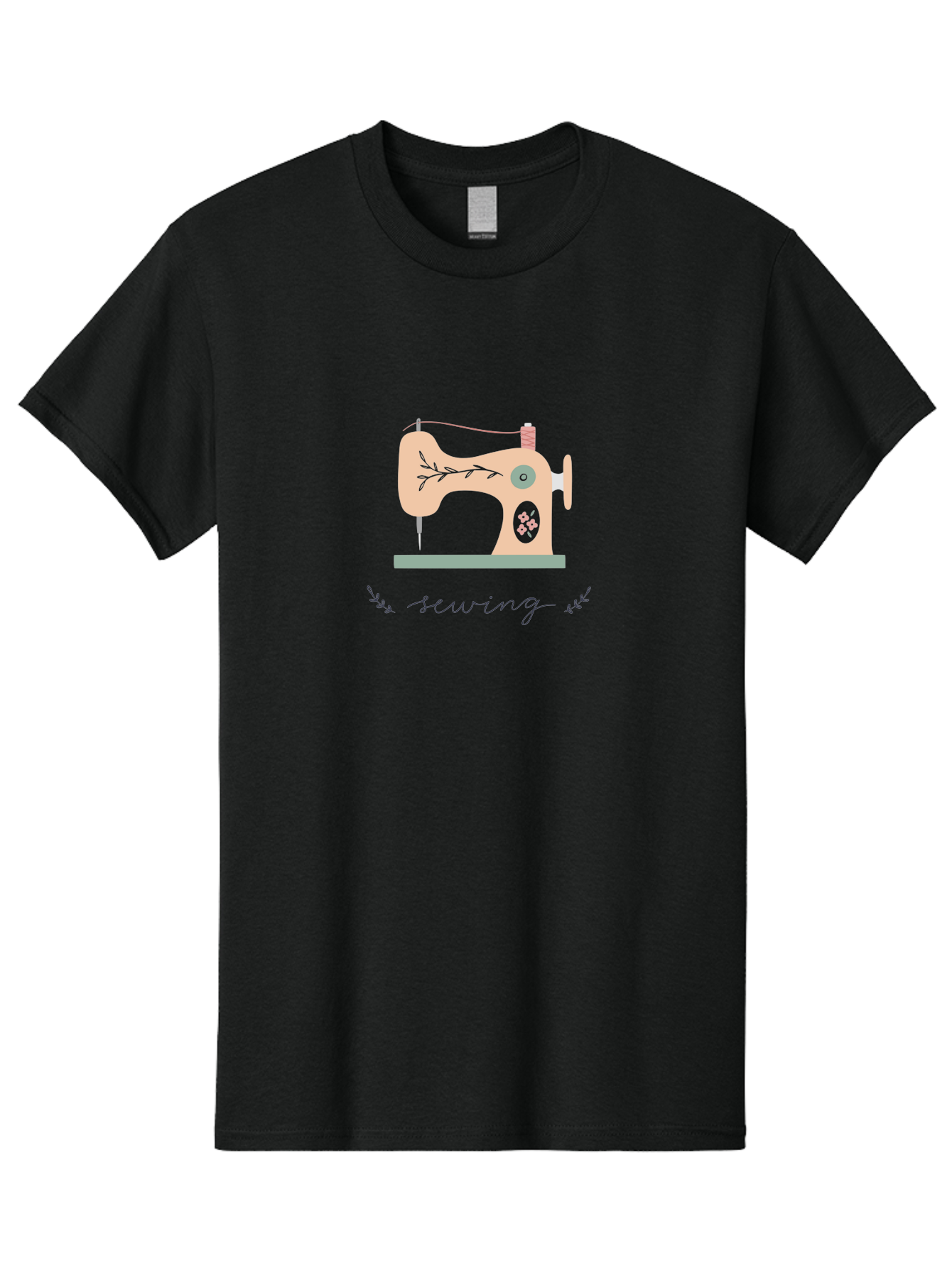 Sewing-Machine-1 Men'S Graphic Tee, 100% Cotton, Comfortable Casual Summer Wear, Machine Washable, Sewing Machine, Pink Floral Pattern, Beige Machine, Green Base, Red Thread, White Leaf Design, Creative Hobbies, Handmade Crafts, Needlework, Aac100 19