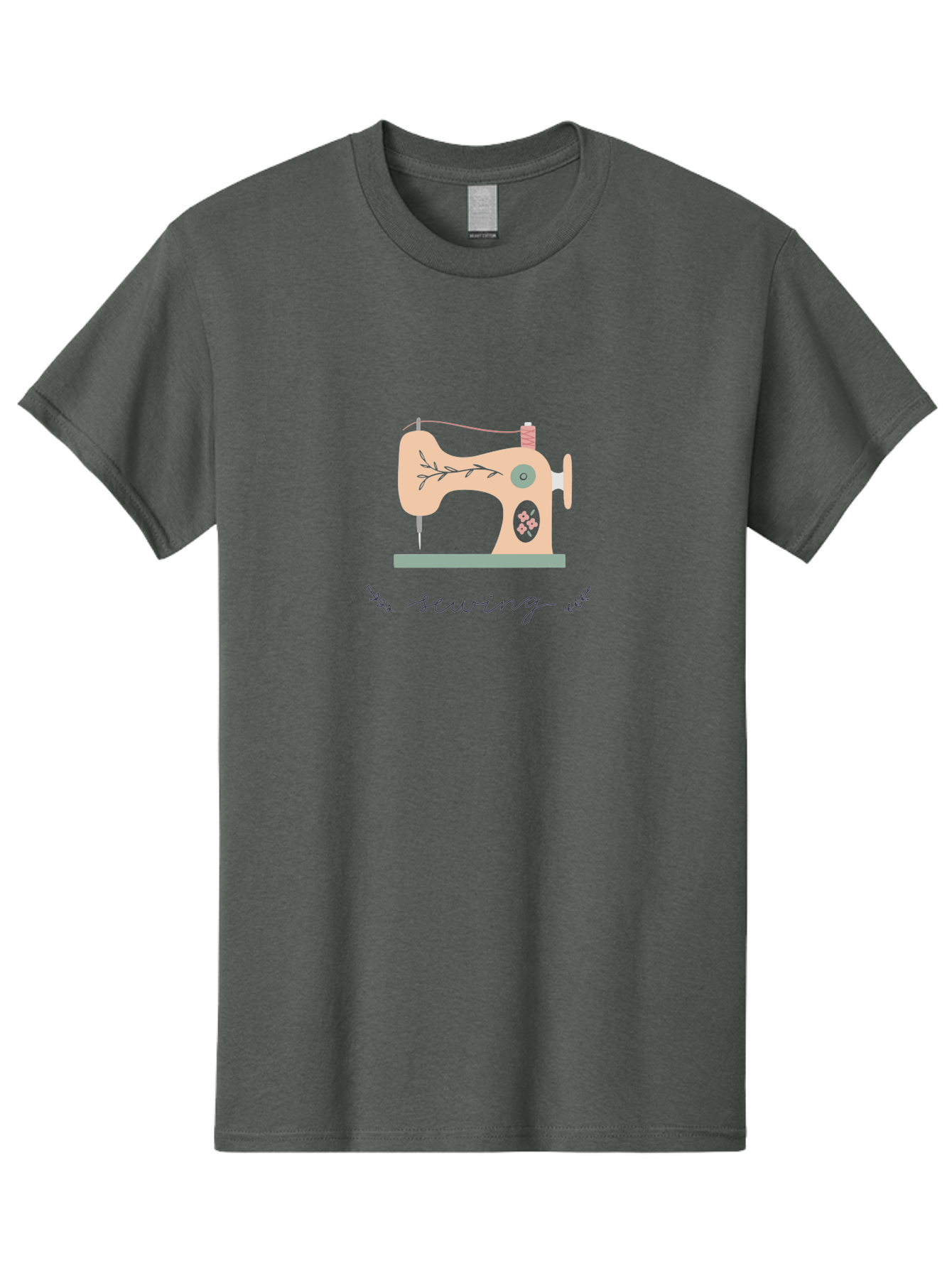 Sewing-Machine-1 Men'S Graphic Tee, 100% Cotton, Comfortable Casual Summer Wear, Machine Washable, Sewing Machine, Pink Floral Pattern, Beige Machine, Green Base, Red Thread, White Leaf Design, Creative Hobbies, Handmade Crafts, Needlework, Aac100 17