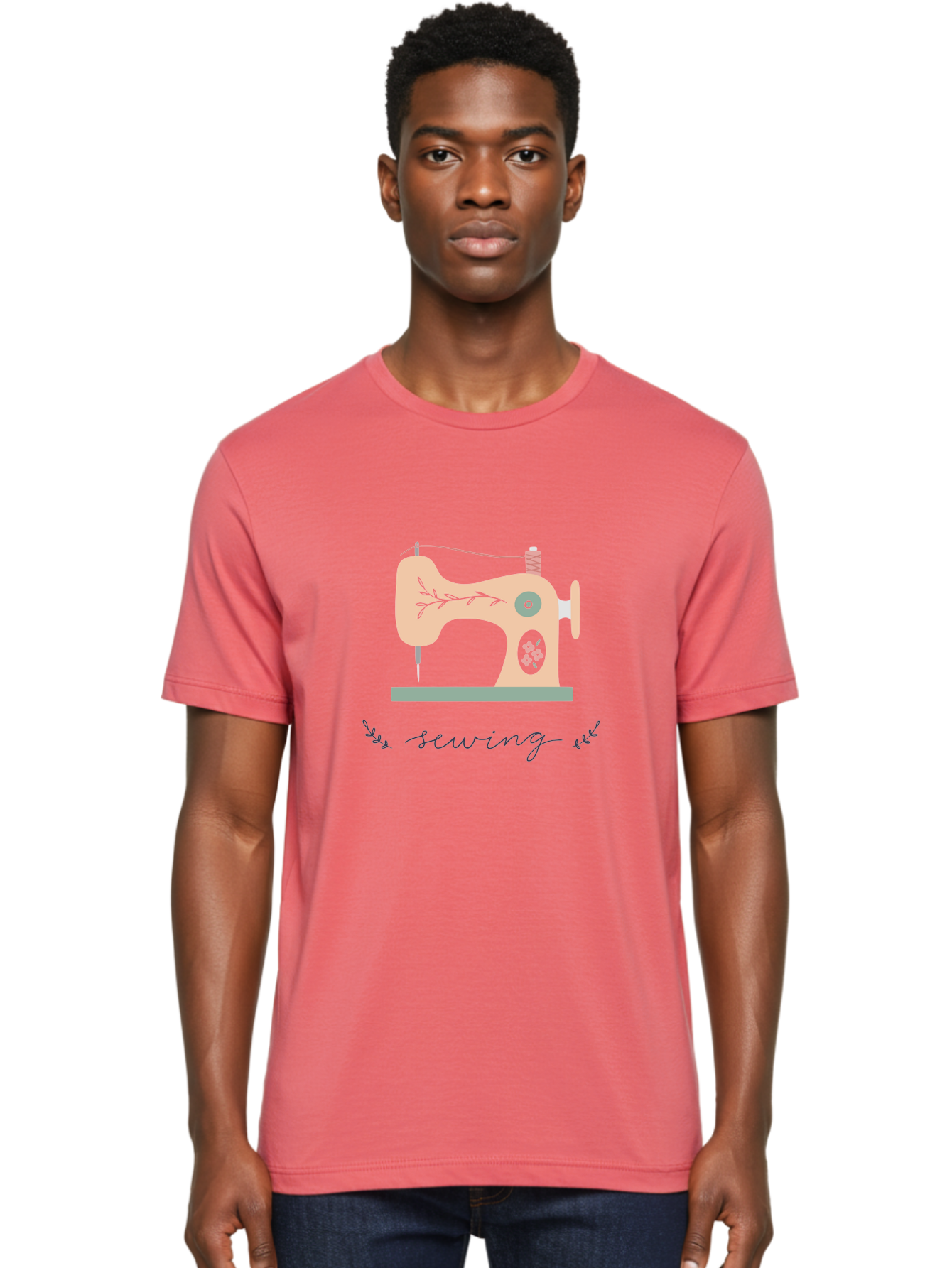 Sewing-Machine-1 Men'S Graphic Tee, 100% Cotton, Comfortable Casual Summer Wear, Machine Washable, Sewing Machine, Pink Floral Pattern, Beige Machine, Green Base, Red Thread, White Leaf Design, Creative Hobbies, Handmade Crafts, Needlework, Aac100 14