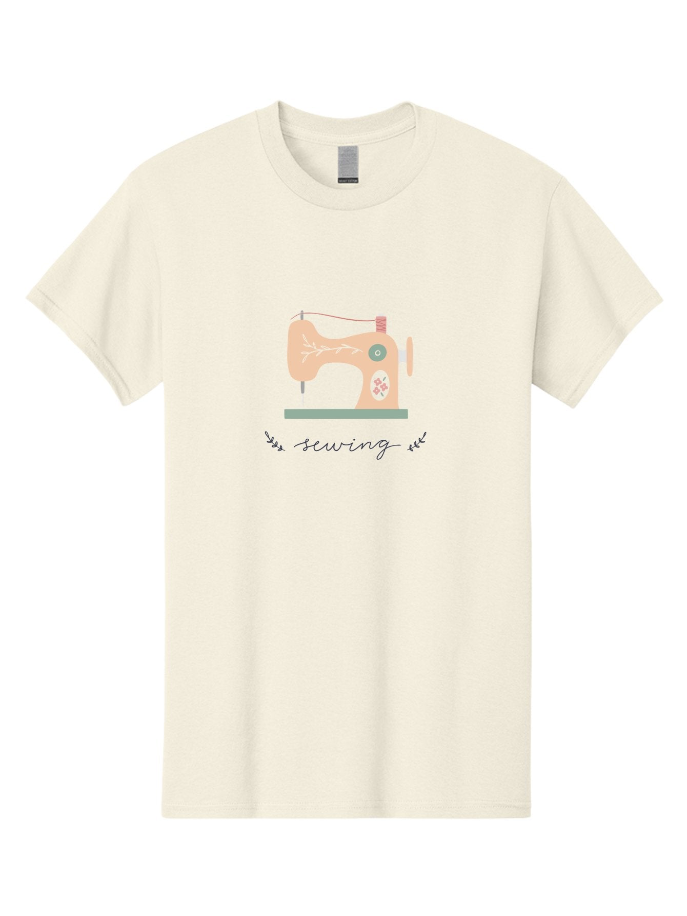 Sewing-Machine-1 Men'S Graphic Tee, 100% Cotton, Comfortable Casual Summer Wear, Machine Washable, Sewing Machine, Pink Floral Pattern, Beige Machine, Green Base, Red Thread, White Leaf Design, Creative Hobbies, Handmade Crafts, Needlework, Aac100 9