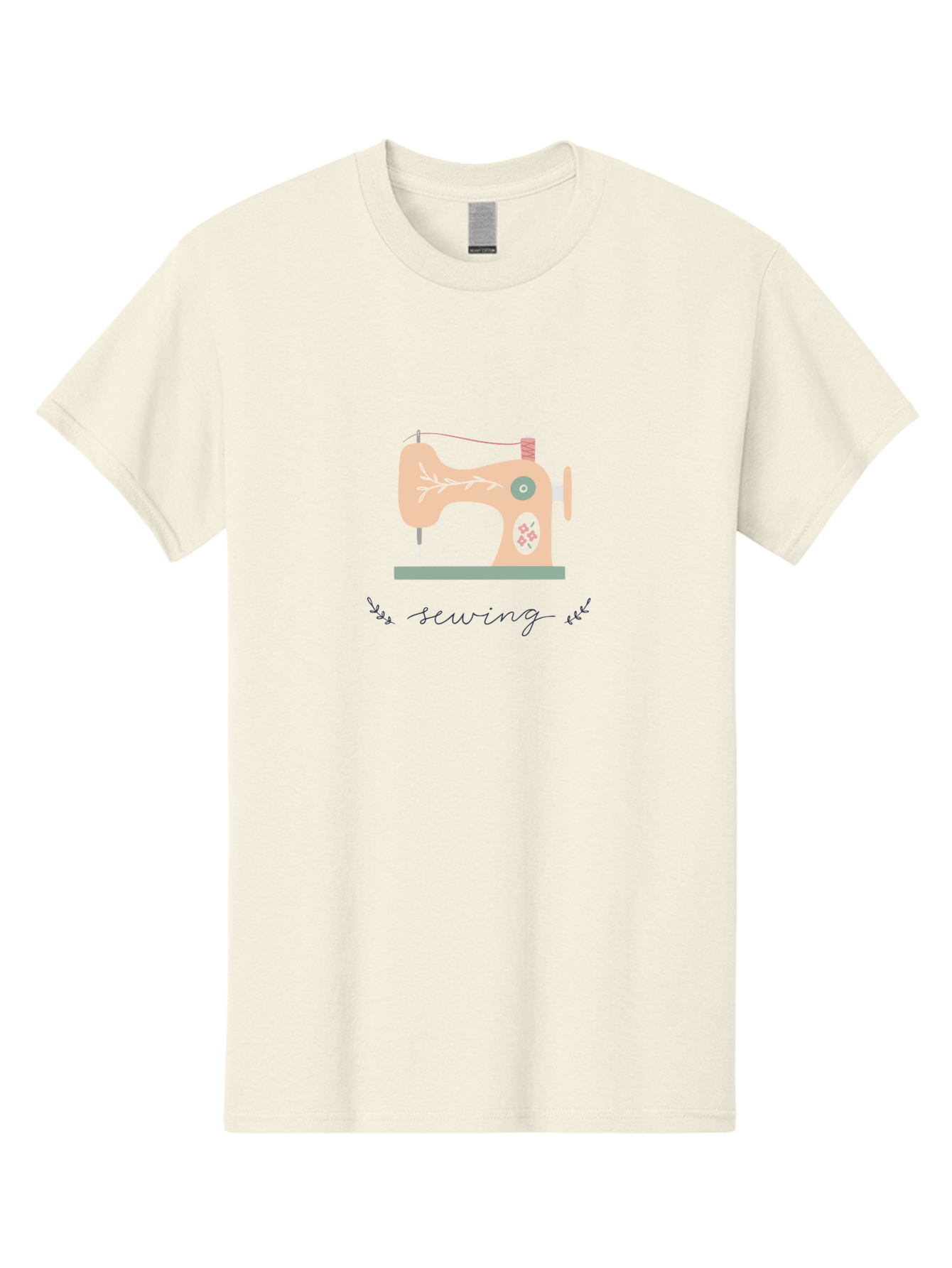 Sewing-Machine-1 Men'S Graphic Tee, 100% Cotton, Comfortable Casual Summer Wear, Machine Washable, Sewing Machine, Pink Floral Pattern, Beige Machine, Green Base, Red Thread, White Leaf Design, Creative Hobbies, Handmade Crafts, Needlework, Aac100 9