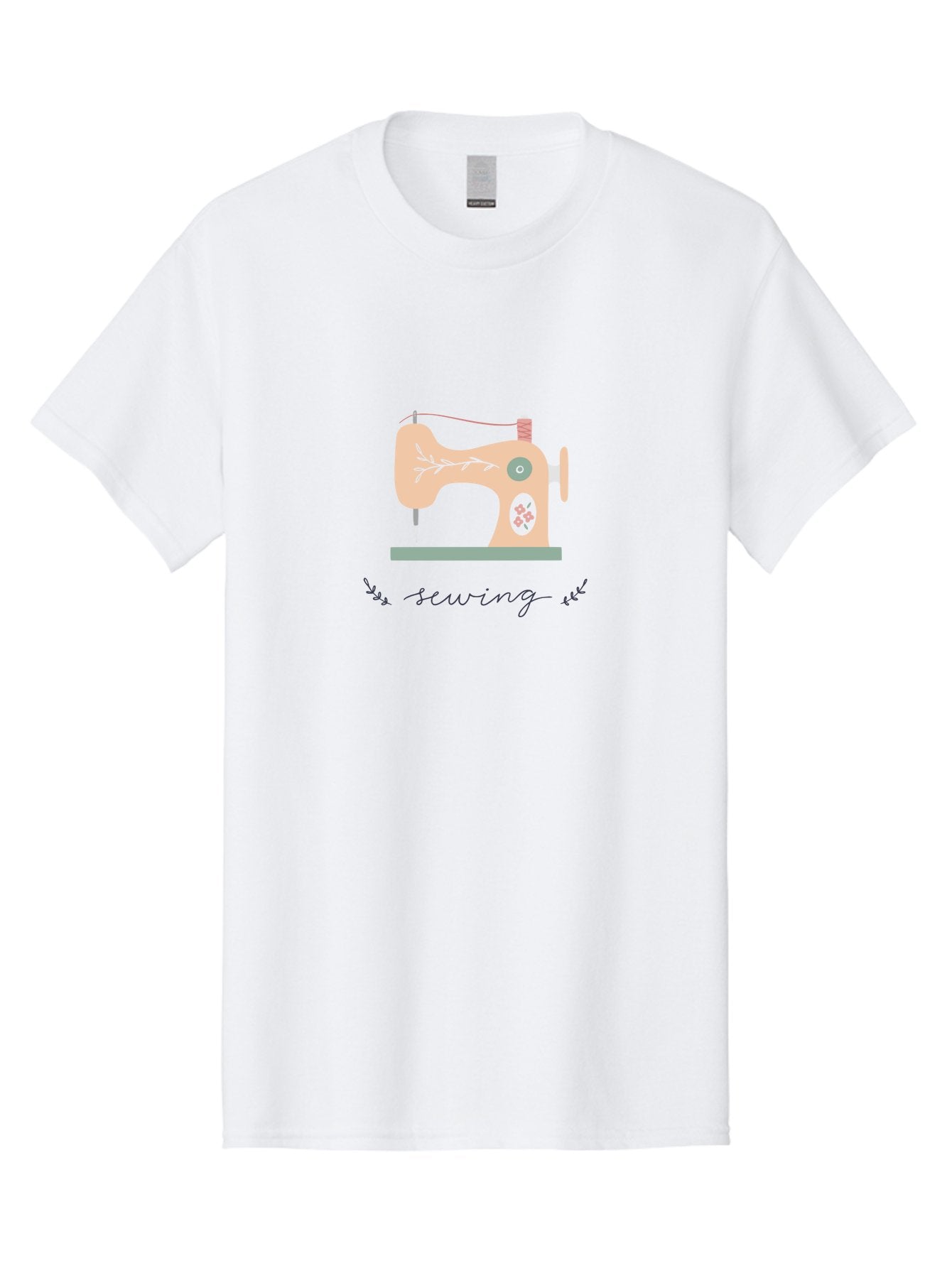 Sewing-Machine-1 Men'S Graphic Tee, 100% Cotton, Comfortable Casual Summer Wear, Machine Washable, Sewing Machine, Pink Floral Pattern, Beige Machine, Green Base, Red Thread, White Leaf Design, Creative Hobbies, Handmade Crafts, Needlework, Aac100 12
