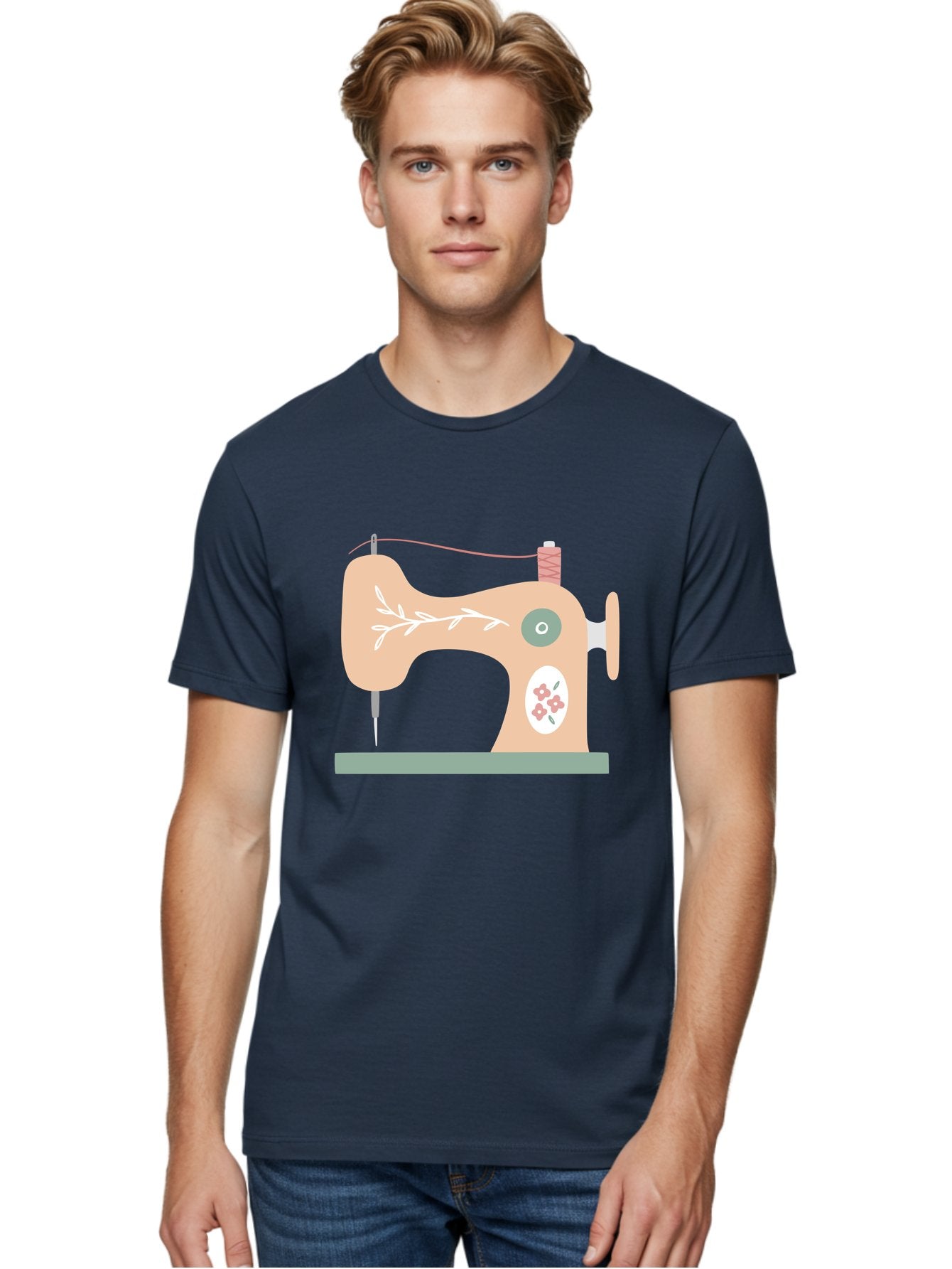 Sewing-Machine-5 Men'S Graphic Tee, 100% Cotton, Comfortable Casual Summer Wear, Machine Washable, Vintage Sewing Machine, Floral Patterns, Embroidery Designs, Needle And Thread, Pastel Colors, Creative Crafting, Diy Sewing, Textile Art, Aac104 21