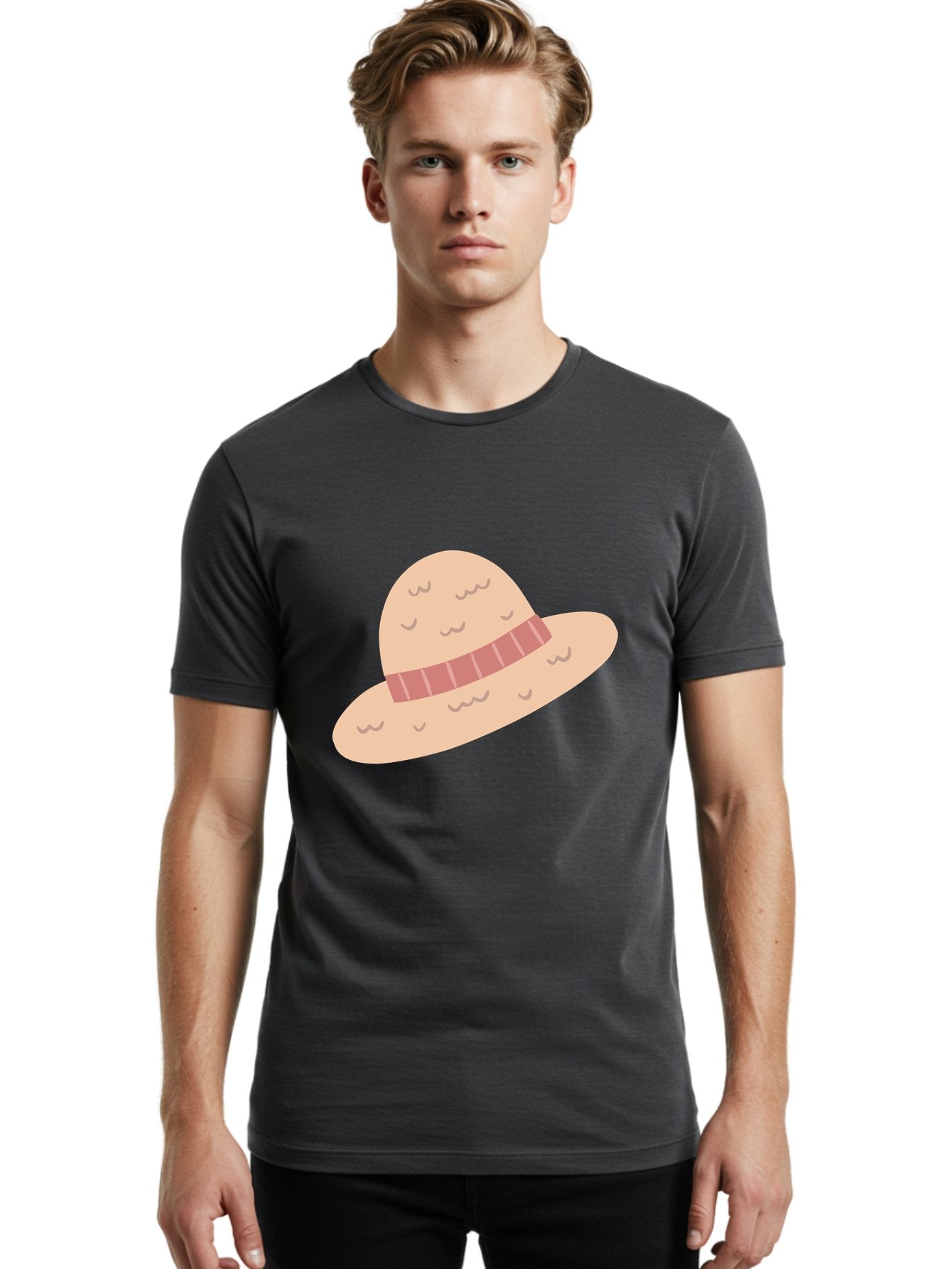 Straw-Hat Men'S Graphic Tee, 100% Cotton, Comfortable Casual Summer Wear, Machine Washable, Straw Hat With Ribbon Band, Summer Hat, Beachwear Fashion, Bohemian Style, Stylish Accessory, Outdoor Gear Aac118 20