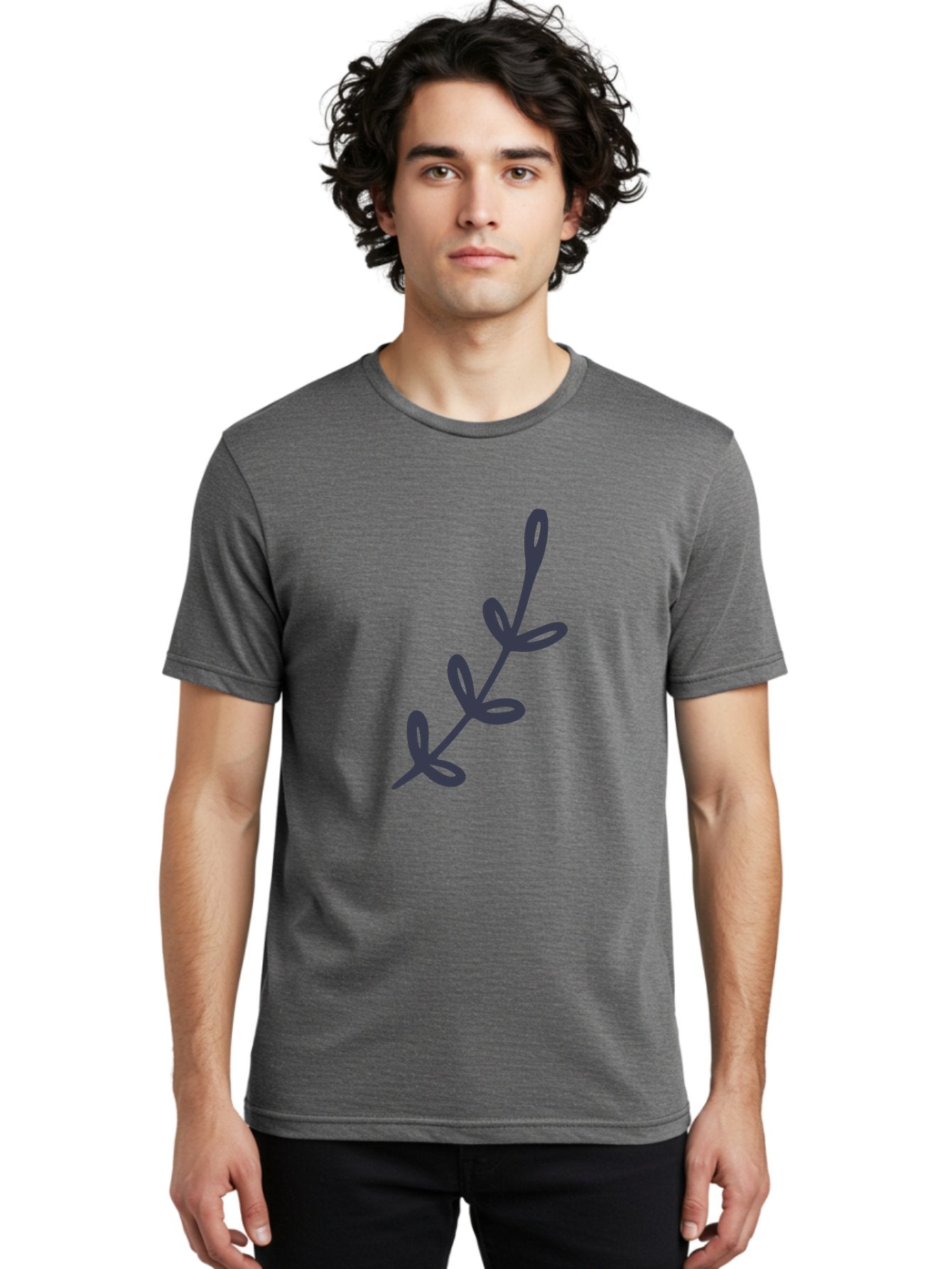 Three-Leaf-Stem Men'S Graphic Tee, 100% Cotton, Comfortable Casual Summer Wear, Machine Washable, Simple Drawing, Minimalistic Art, Abstract Design, Oval Shapes, Leafy Stem, Dark Gray Lines, Modern Illustration, Stylized Plant Aac126 23