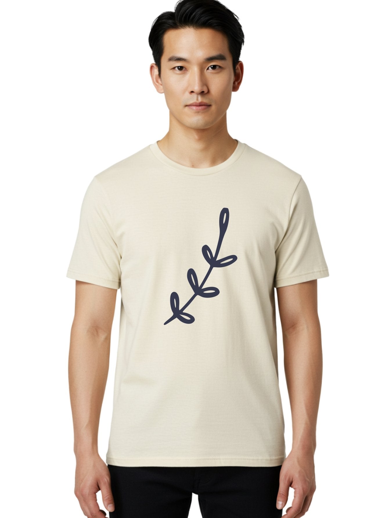 Three-Leaf-Stem Men'S Graphic Tee, 100% Cotton, Comfortable Casual Summer Wear, Machine Washable, Simple Drawing, Minimalistic Art, Abstract Design, Oval Shapes, Leafy Stem, Dark Gray Lines, Modern Illustration, Stylized Plant Aac126 30