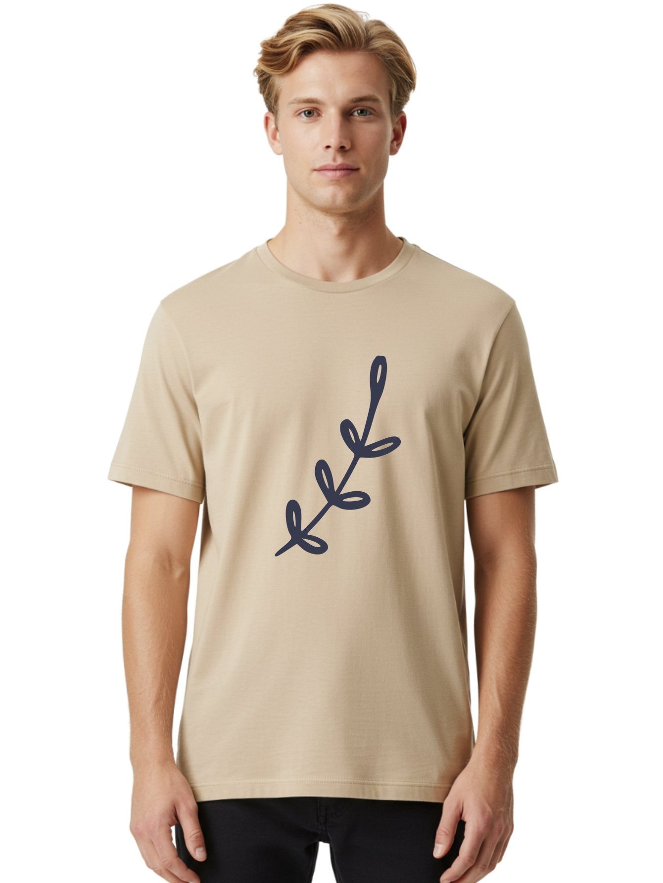 Three-Leaf-Stem Men'S Graphic Tee, 100% Cotton, Comfortable Casual Summer Wear, Machine Washable, Simple Drawing, Minimalistic Art, Abstract Design, Oval Shapes, Leafy Stem, Dark Gray Lines, Modern Illustration, Stylized Plant Aac126 27