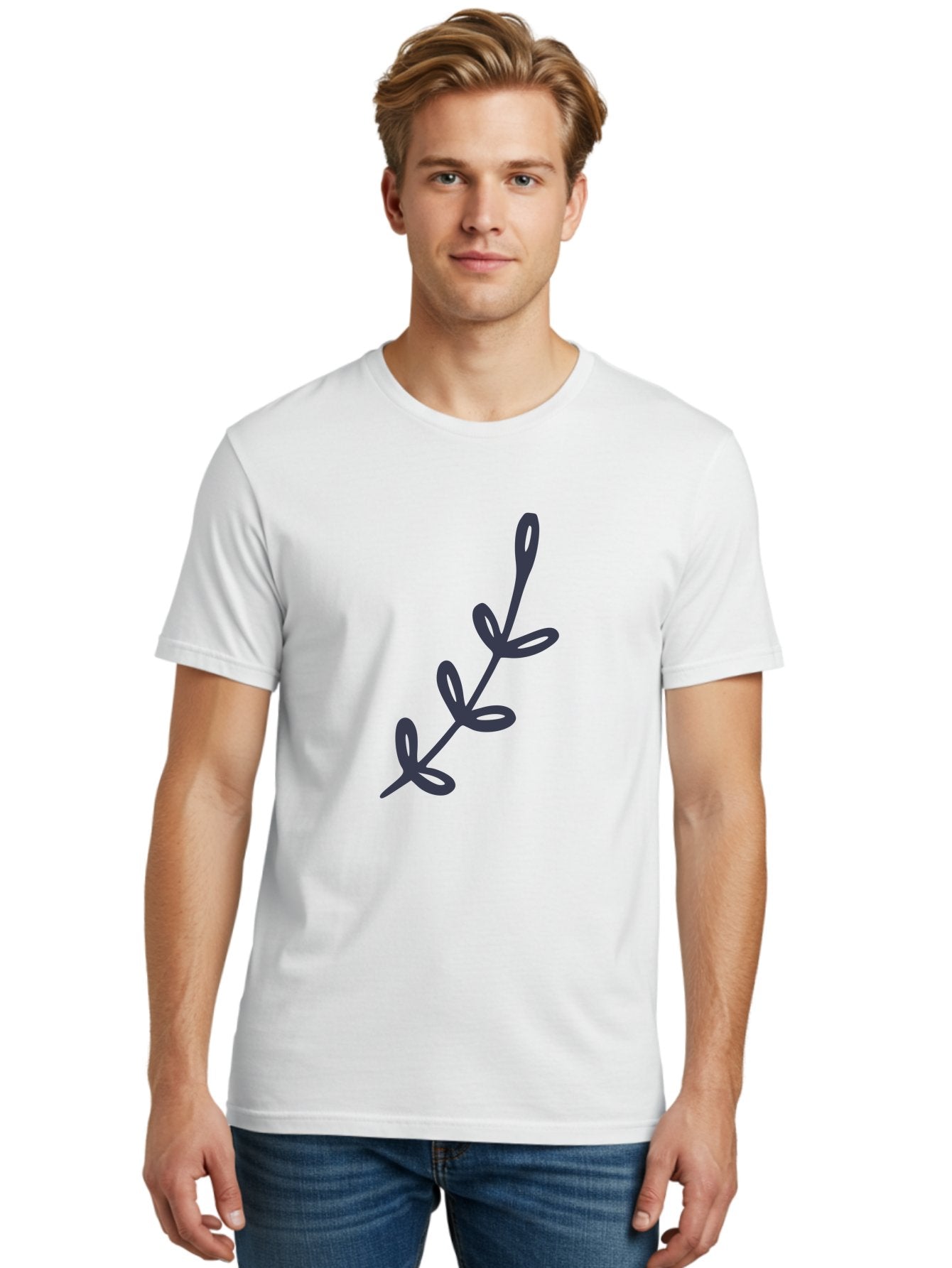 Three-Leaf-Stem Men'S Graphic Tee, 100% Cotton, Comfortable Casual Summer Wear, Machine Washable, Simple Drawing, Minimalistic Art, Abstract Design, Oval Shapes, Leafy Stem, Dark Gray Lines, Modern Illustration, Stylized Plant Aac126 24