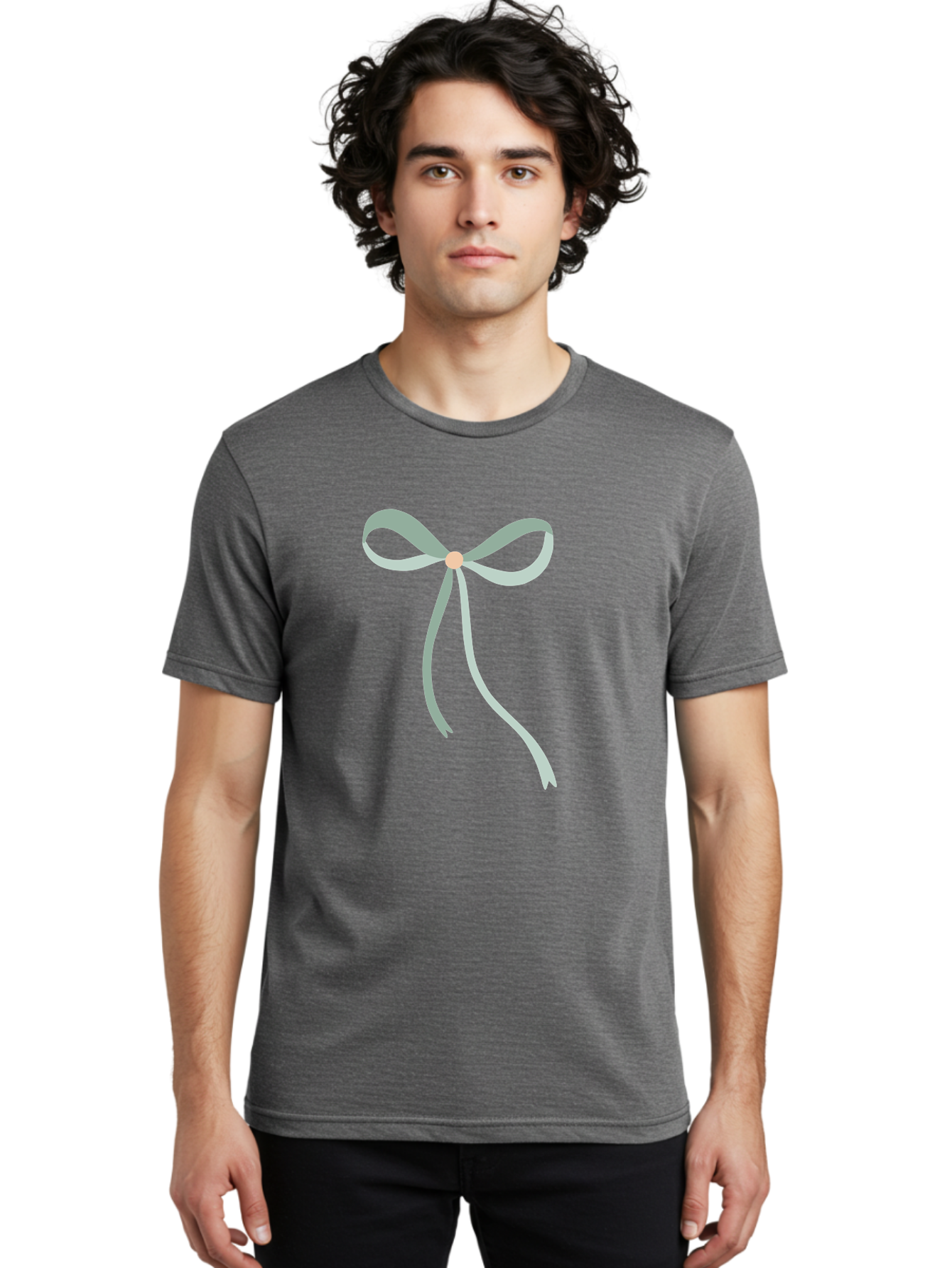 White-Bow Men'S Graphic Tee, 100% Cotton, Comfortable Casual Summer Wear, Machine Washable, Grey Ribbon, Bow Decoration, Gift Wrapping, Celebratory Decor, Party Favors, Elegant Design, Soft Pastel, Minimalist Style Aac134 12