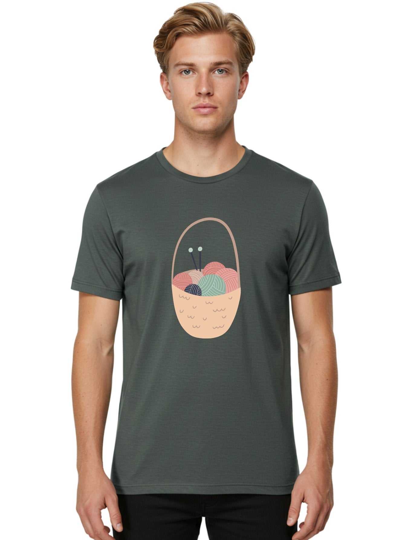 Yarn-Basket Men'S Graphic Tee, 100% Cotton, Comfortable Casual Summer Wear, Machine Washable, Yarn Balls, Knitting Needles, Knitting Basket, Pastel Colors, Hobby Supplies, Crafting Tools, Diy Accessories, Handmade Materials Aac146 19