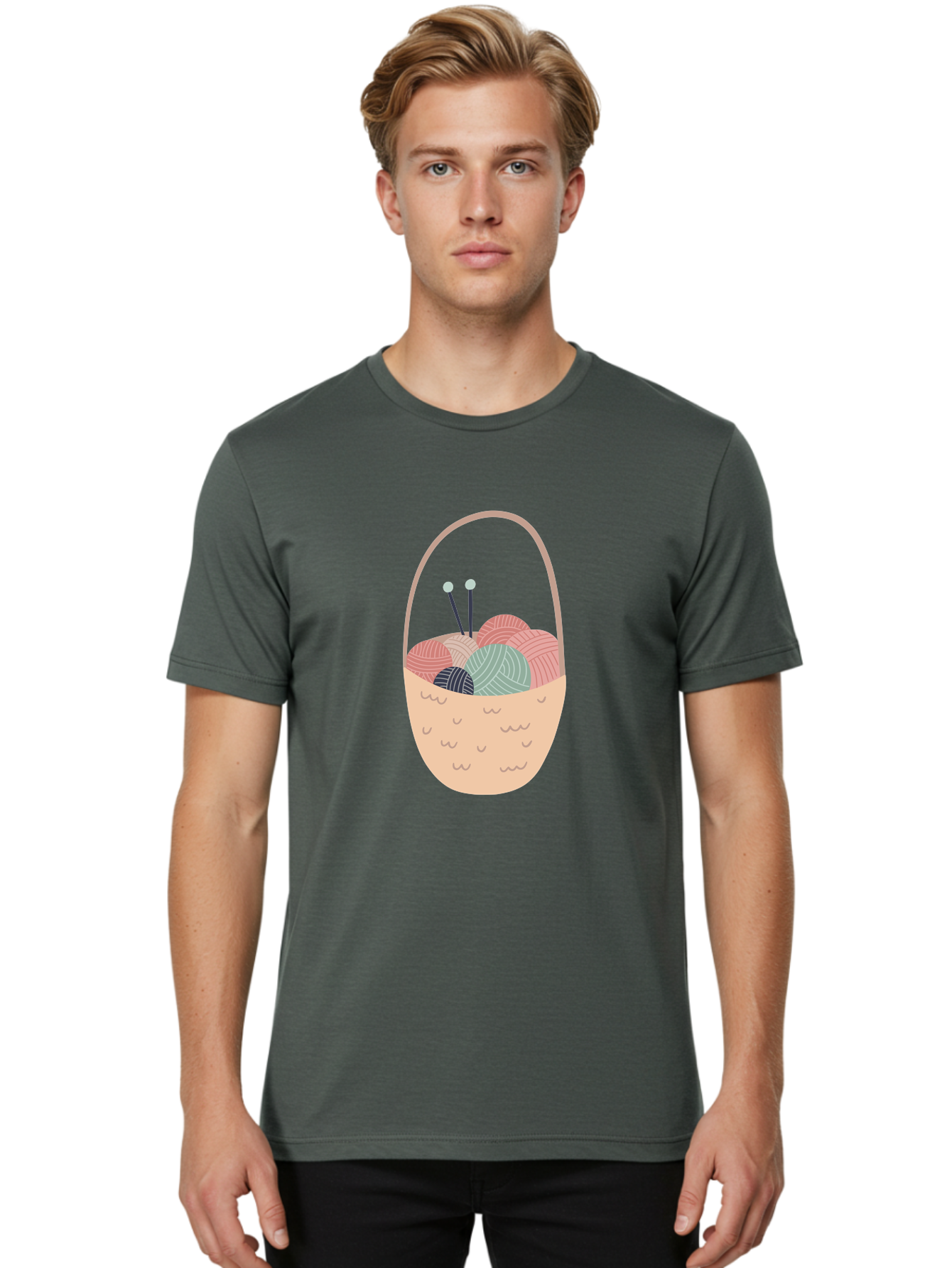 Yarn-Basket Men'S Graphic Tee, 100% Cotton, Comfortable Casual Summer Wear, Machine Washable, Yarn Balls, Knitting Needles, Knitting Basket, Pastel Colors, Hobby Supplies, Crafting Tools, Diy Accessories, Handmade Materials Aac146 22
