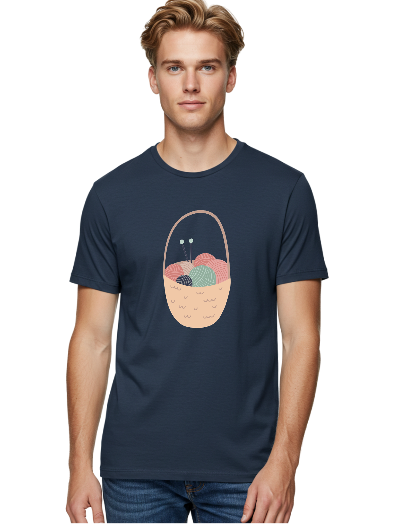 Yarn-Basket Men'S Graphic Tee, 100% Cotton, Comfortable Casual Summer Wear, Machine Washable, Yarn Balls, Knitting Needles, Knitting Basket, Pastel Colors, Hobby Supplies, Crafting Tools, Diy Accessories, Handmade Materials Aac146 12