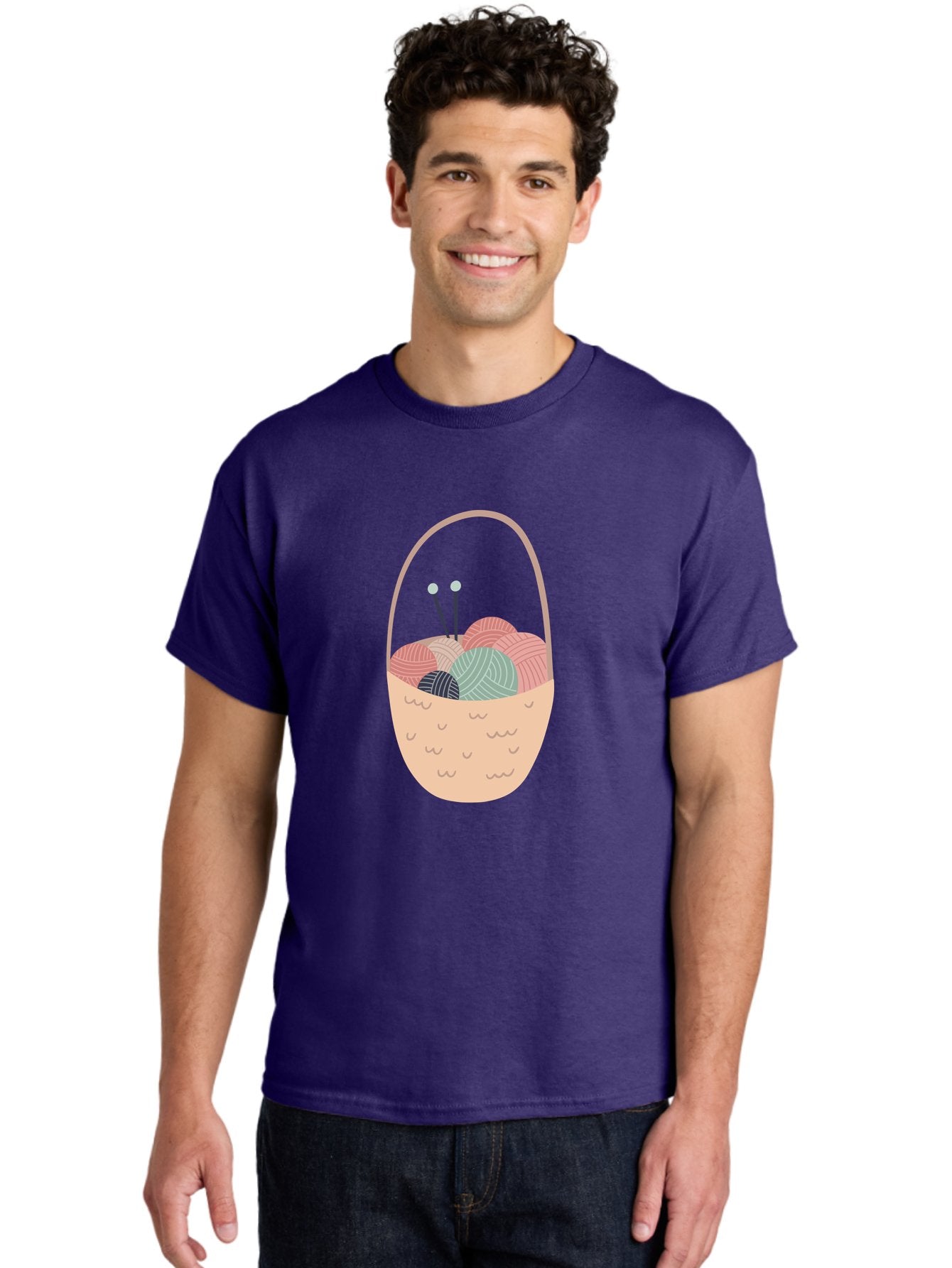 Yarn-Basket Men'S Graphic Tee, 100% Cotton, Comfortable Casual Summer Wear, Machine Washable, Yarn Balls, Knitting Needles, Knitting Basket, Pastel Colors, Hobby Supplies, Crafting Tools, Diy Accessories, Handmade Materials Aac146 29