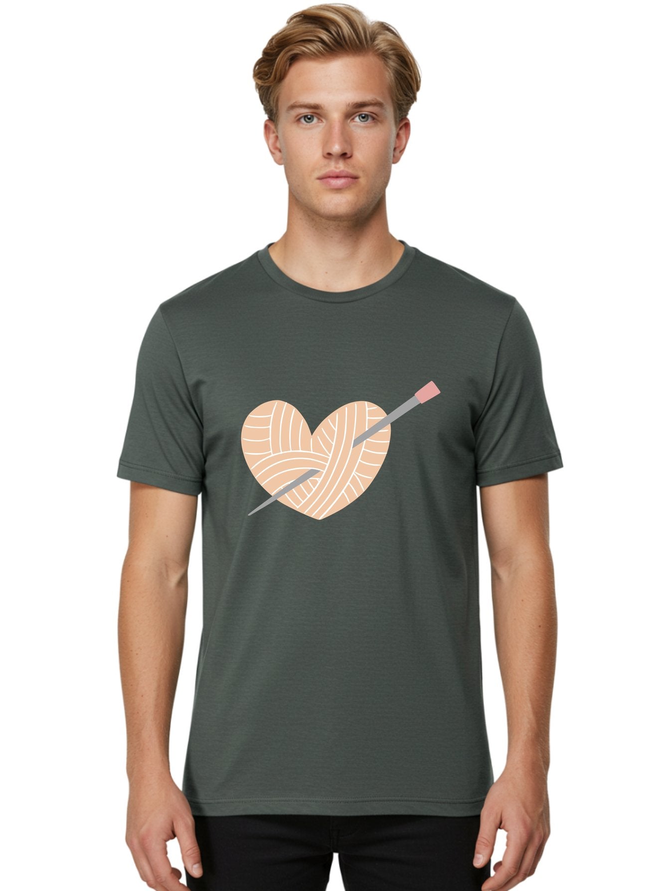 Yarn-Heart-Knitting-Needles Men'S Graphic Tee, 100% Cotton, Comfortable Casual Summer Wear, Machine Washable, Heart Shaped Yarn, Knitting Needles, Crochet, Handmade, Pink Yarn, Crafting, Hobby, Fiber Art, Knitting, Diy Aac147 24