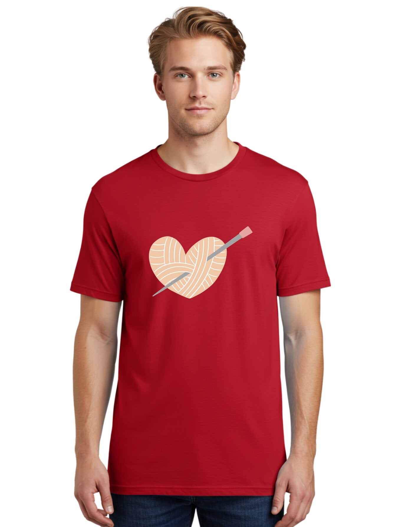 Yarn-Heart-Knitting-Needles Men'S Graphic Tee, 100% Cotton, Comfortable Casual Summer Wear, Machine Washable, Heart Shaped Yarn, Knitting Needles, Crochet, Handmade, Pink Yarn, Crafting, Hobby, Fiber Art, Knitting, Diy Aac147 23