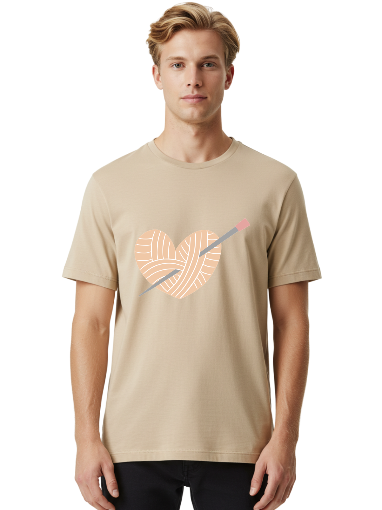 Yarn-Heart-Knitting-Needles Men'S Graphic Tee, 100% Cotton, Comfortable Casual Summer Wear, Machine Washable, Heart Shaped Yarn, Knitting Needles, Crochet, Handmade, Pink Yarn, Crafting, Hobby, Fiber Art, Knitting, Diy Aac147 24