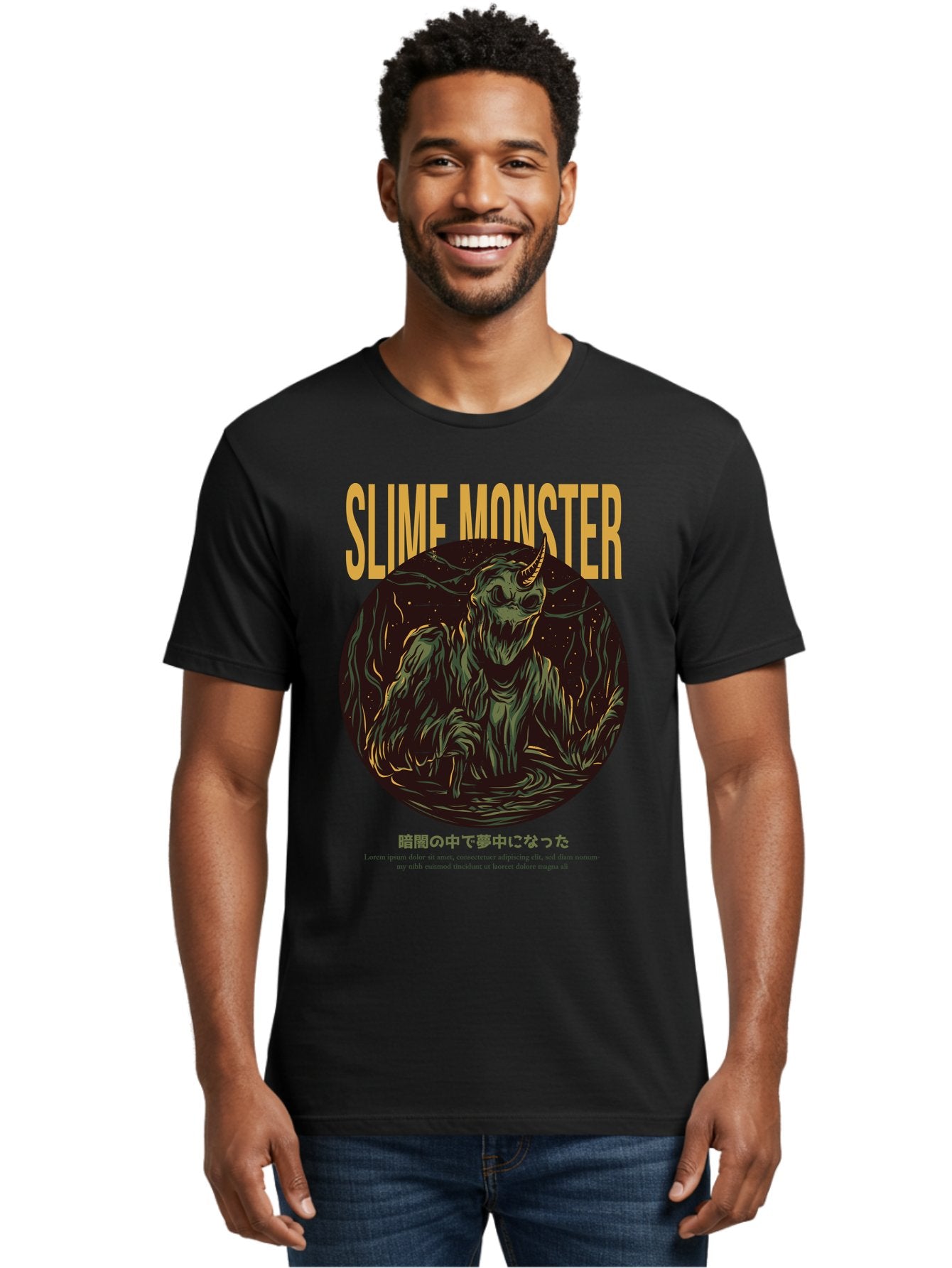 Slime-Monster Men'S Graphic Tee, 100% Cotton, Comfortable Casual Summer Wear, Machine Washable, Slime Monster, Fantasy Creature, Cartoon Illustration, Monster With Horn, Mysterious Being, Dark Forest, Eerie Atmosphere, Mystical Art, Aac175 28