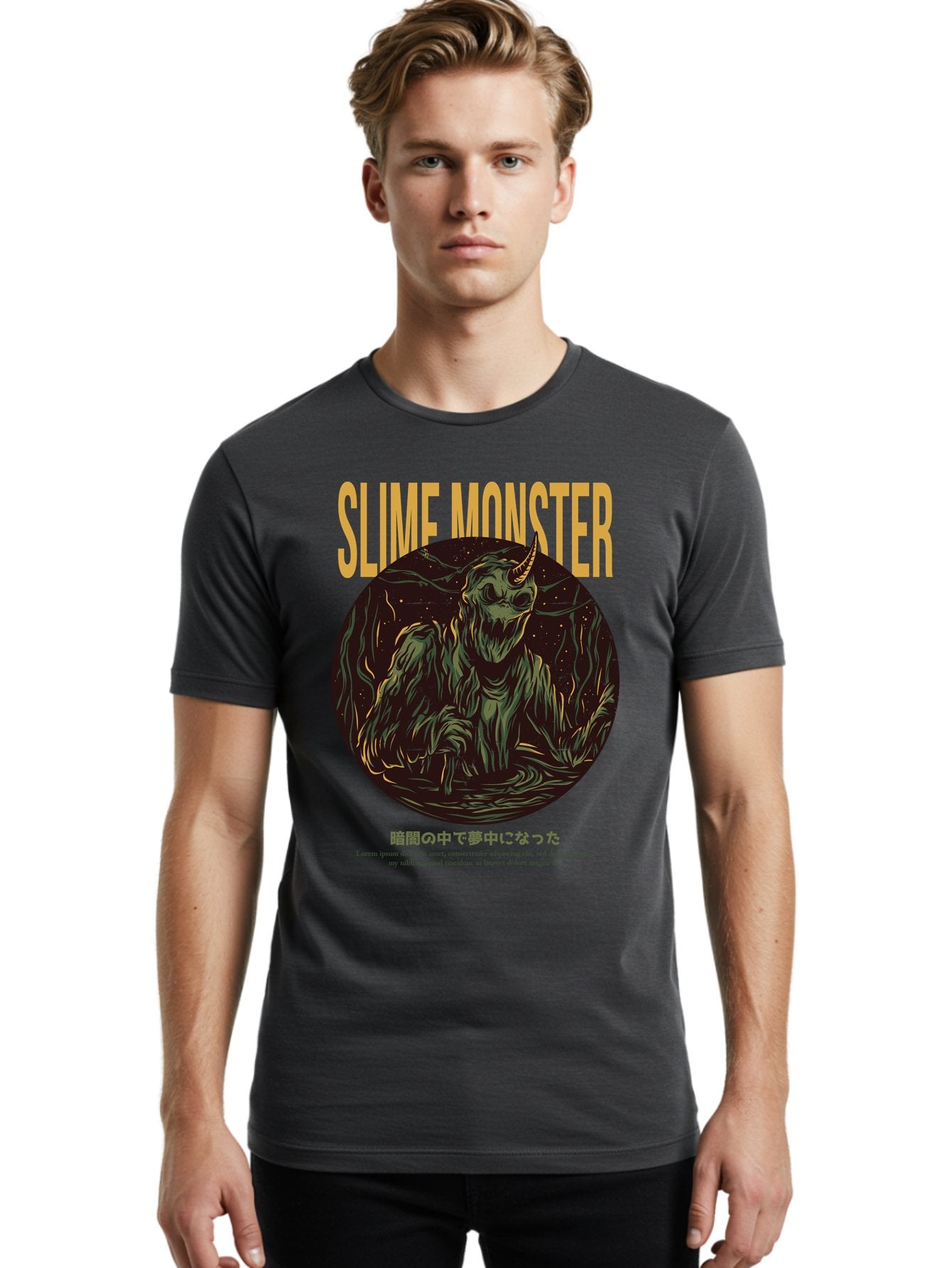 Slime-Monster Men'S Graphic Tee, 100% Cotton, Comfortable Casual Summer Wear, Machine Washable, Slime Monster, Fantasy Creature, Cartoon Illustration, Monster With Horn, Mysterious Being, Dark Forest, Eerie Atmosphere, Mystical Art, Aac175 30