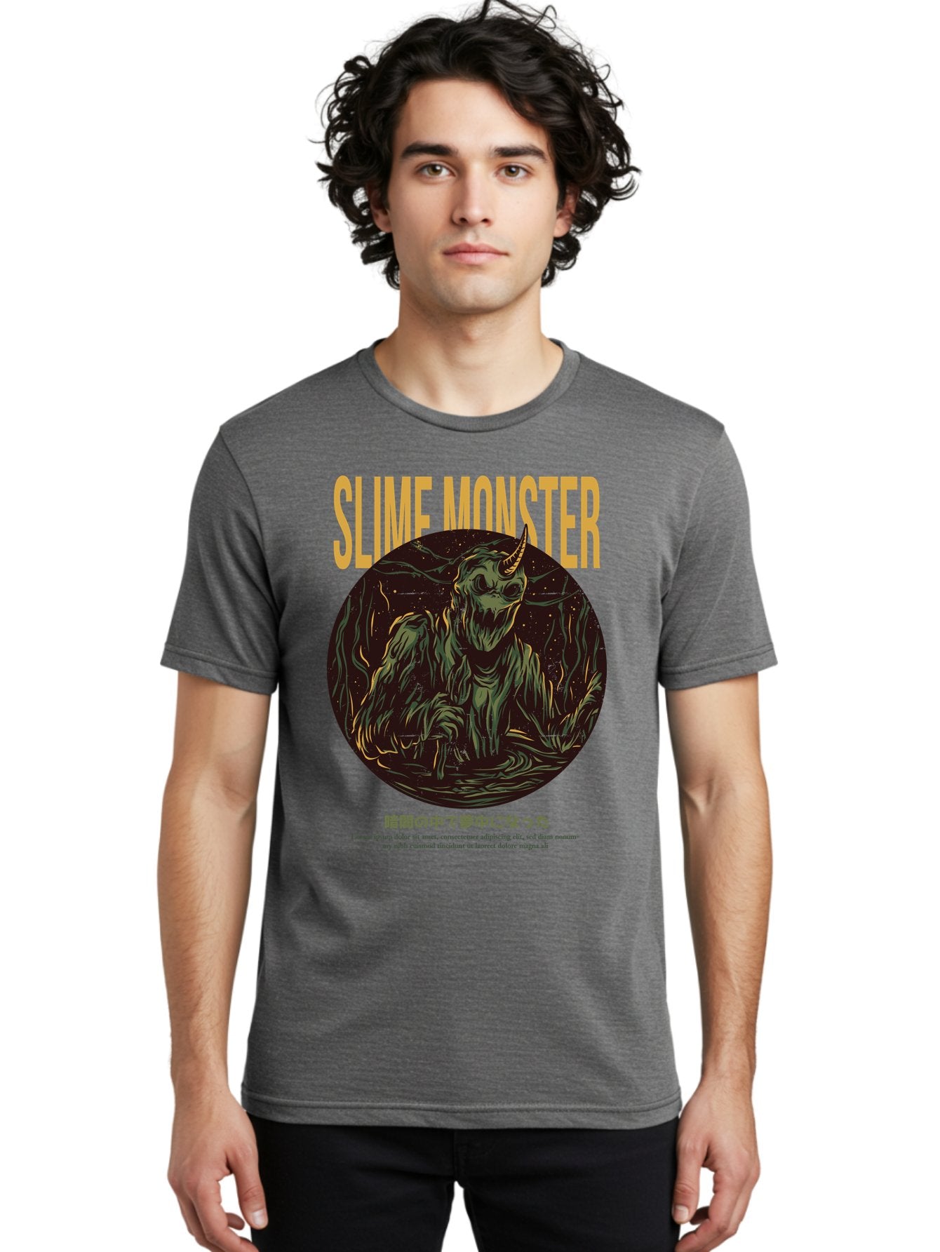 Slime-Monster Men'S Graphic Tee, 100% Cotton, Comfortable Casual Summer Wear, Machine Washable, Slime Monster, Fantasy Creature, Cartoon Illustration, Monster With Horn, Mysterious Being, Dark Forest, Eerie Atmosphere, Mystical Art, Aac175 23