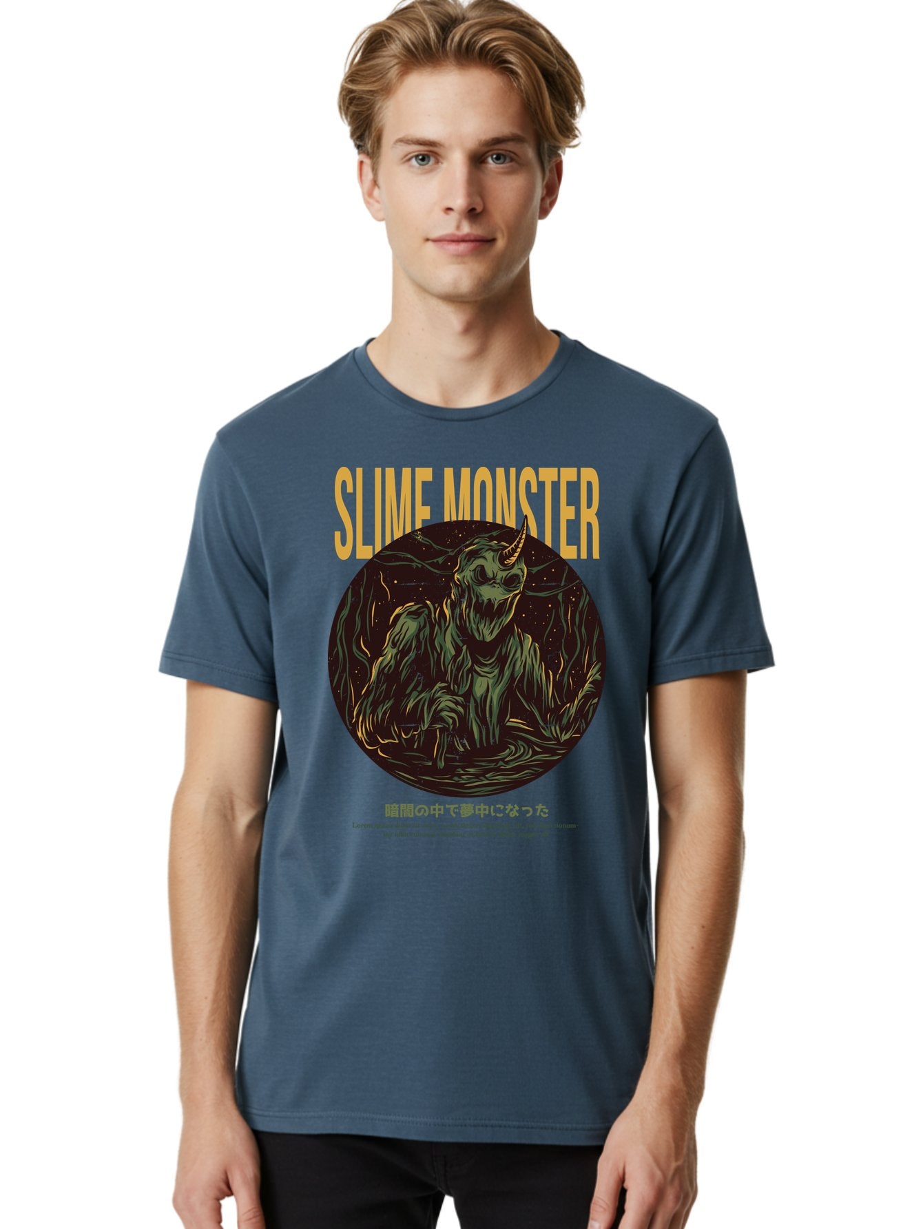 Slime-Monster Men'S Graphic Tee, 100% Cotton, Comfortable Casual Summer Wear, Machine Washable, Slime Monster, Fantasy Creature, Cartoon Illustration, Monster With Horn, Mysterious Being, Dark Forest, Eerie Atmosphere, Mystical Art, Aac175 16