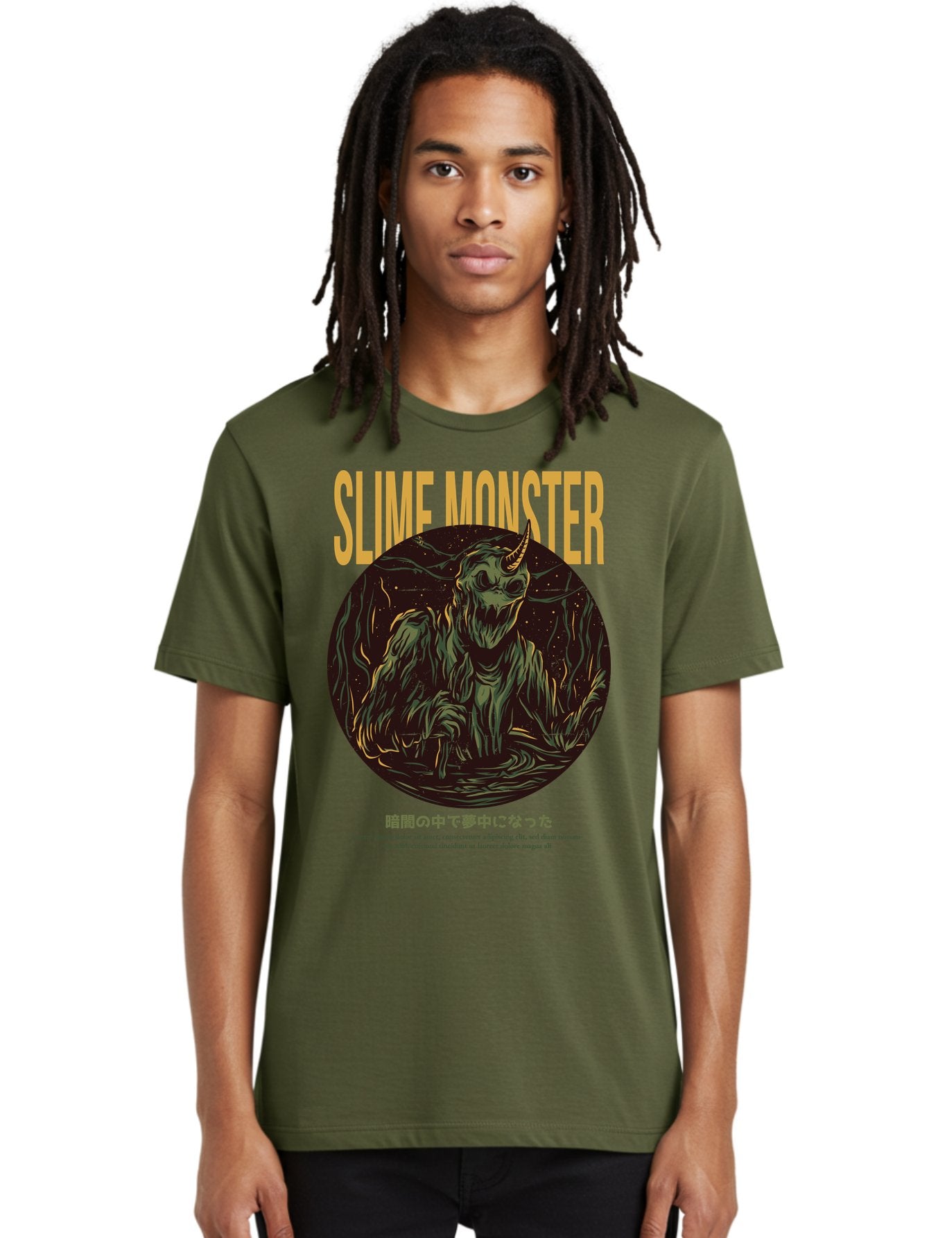 Slime-Monster Men'S Graphic Tee, 100% Cotton, Comfortable Casual Summer Wear, Machine Washable, Slime Monster, Fantasy Creature, Cartoon Illustration, Monster With Horn, Mysterious Being, Dark Forest, Eerie Atmosphere, Mystical Art, Aac175 17