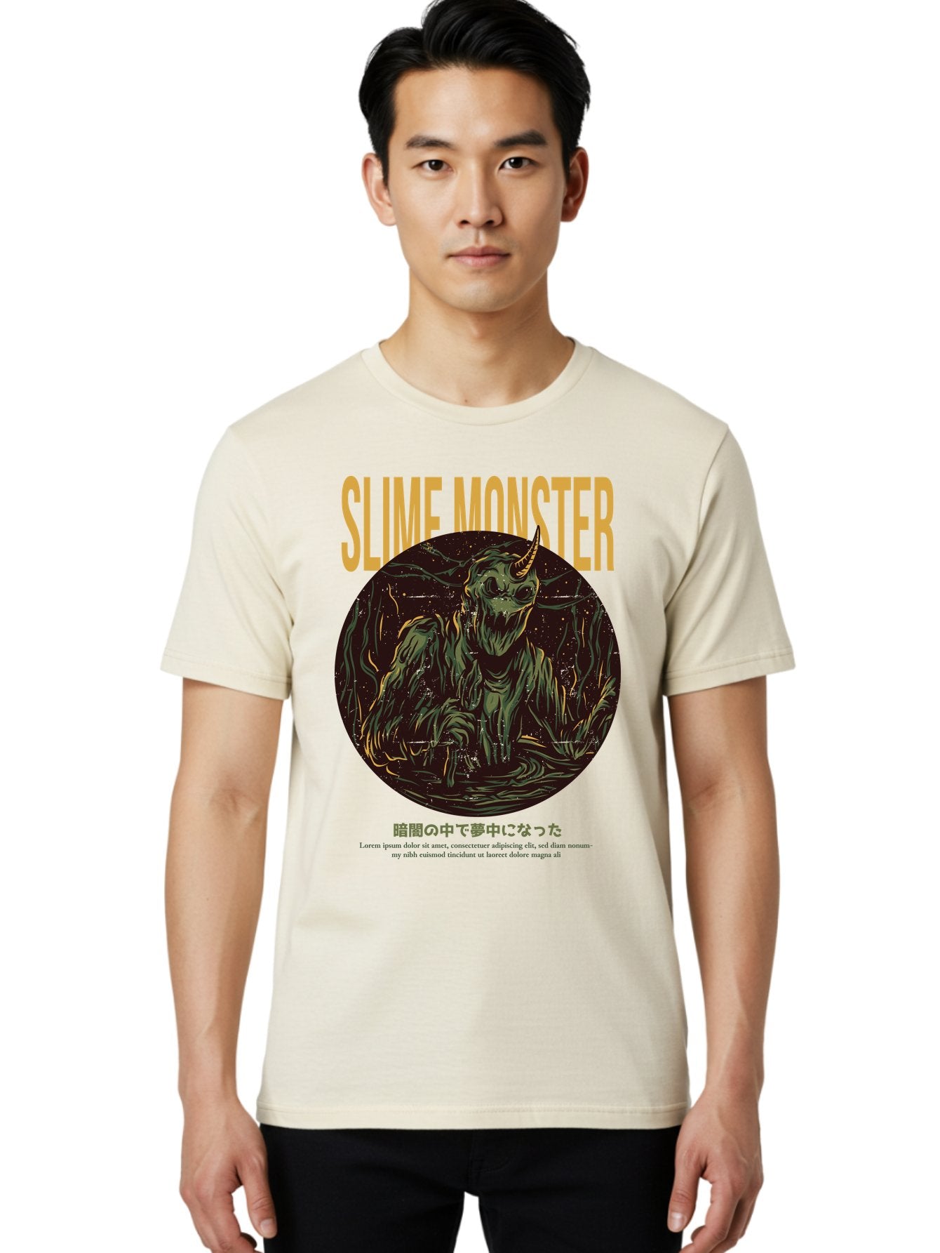 Slime-Monster Men'S Graphic Tee, 100% Cotton, Comfortable Casual Summer Wear, Machine Washable, Slime Monster, Fantasy Creature, Cartoon Illustration, Monster With Horn, Mysterious Being, Dark Forest, Eerie Atmosphere, Mystical Art, Aac175 27