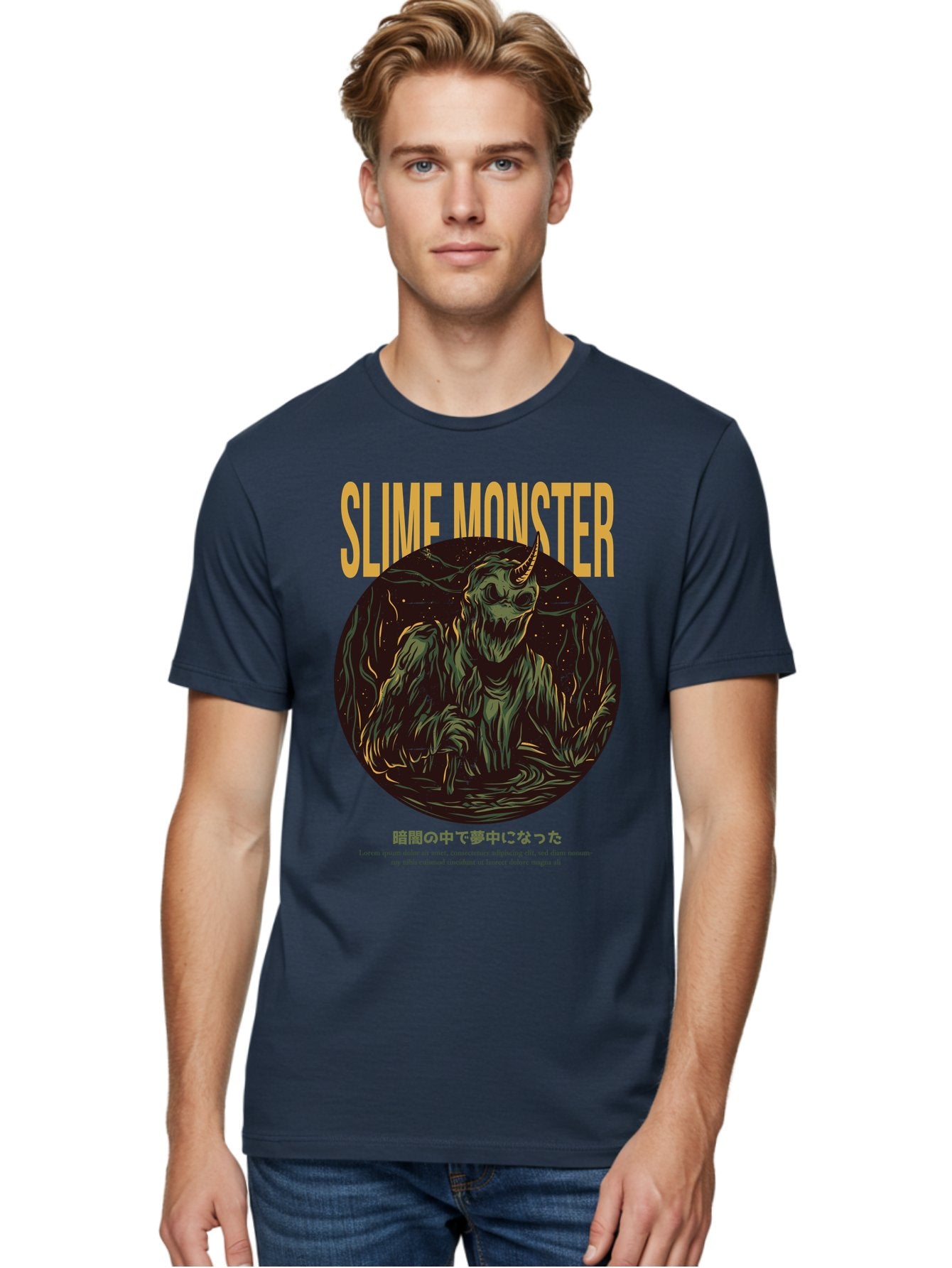 Slime-Monster Men'S Graphic Tee, 100% Cotton, Comfortable Casual Summer Wear, Machine Washable, Slime Monster, Fantasy Creature, Cartoon Illustration, Monster With Horn, Mysterious Being, Dark Forest, Eerie Atmosphere, Mystical Art, Aac175 22