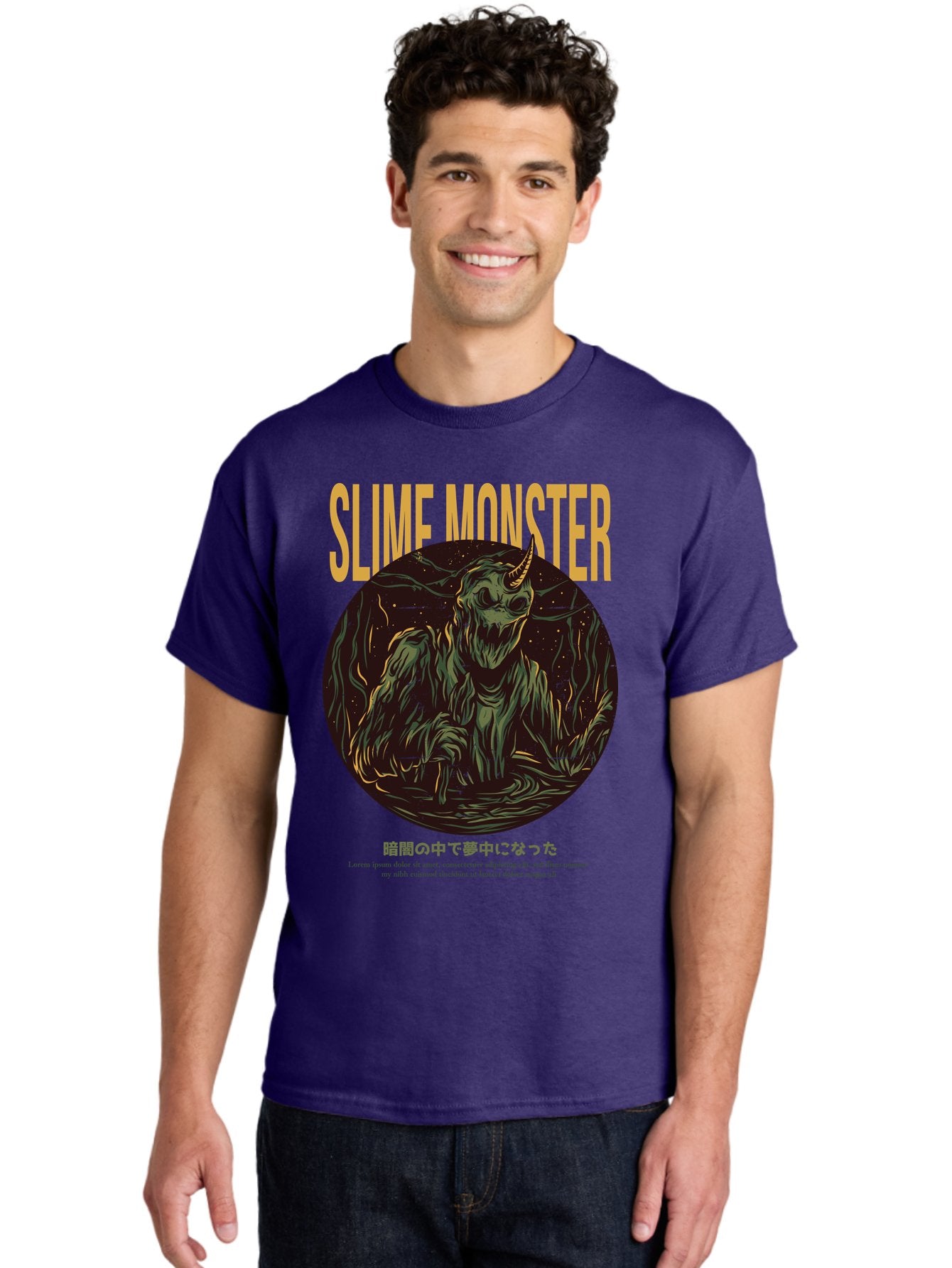Slime-Monster Men'S Graphic Tee, 100% Cotton, Comfortable Casual Summer Wear, Machine Washable, Slime Monster, Fantasy Creature, Cartoon Illustration, Monster With Horn, Mysterious Being, Dark Forest, Eerie Atmosphere, Mystical Art, Aac175 21