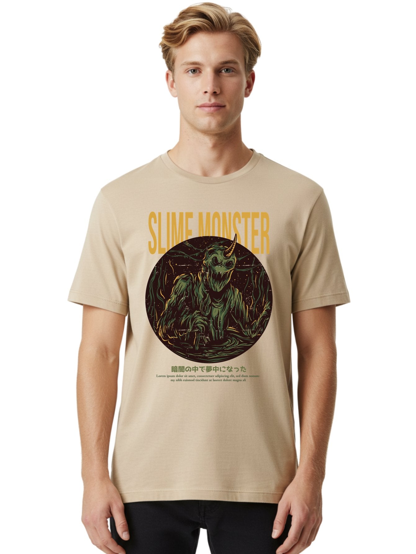 Slime-Monster Men'S Graphic Tee, 100% Cotton, Comfortable Casual Summer Wear, Machine Washable, Slime Monster, Fantasy Creature, Cartoon Illustration, Monster With Horn, Mysterious Being, Dark Forest, Eerie Atmosphere, Mystical Art, Aac175 24