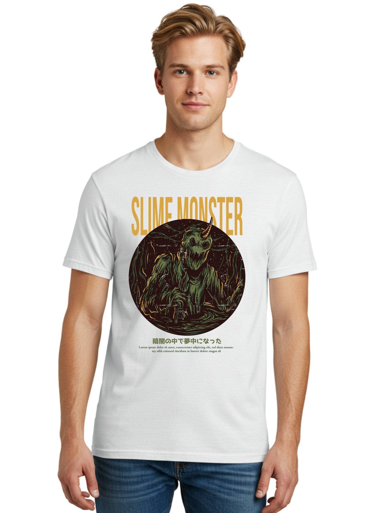 Slime-Monster Men'S Graphic Tee, 100% Cotton, Comfortable Casual Summer Wear, Machine Washable, Slime Monster, Fantasy Creature, Cartoon Illustration, Monster With Horn, Mysterious Being, Dark Forest, Eerie Atmosphere, Mystical Art, Aac175 19