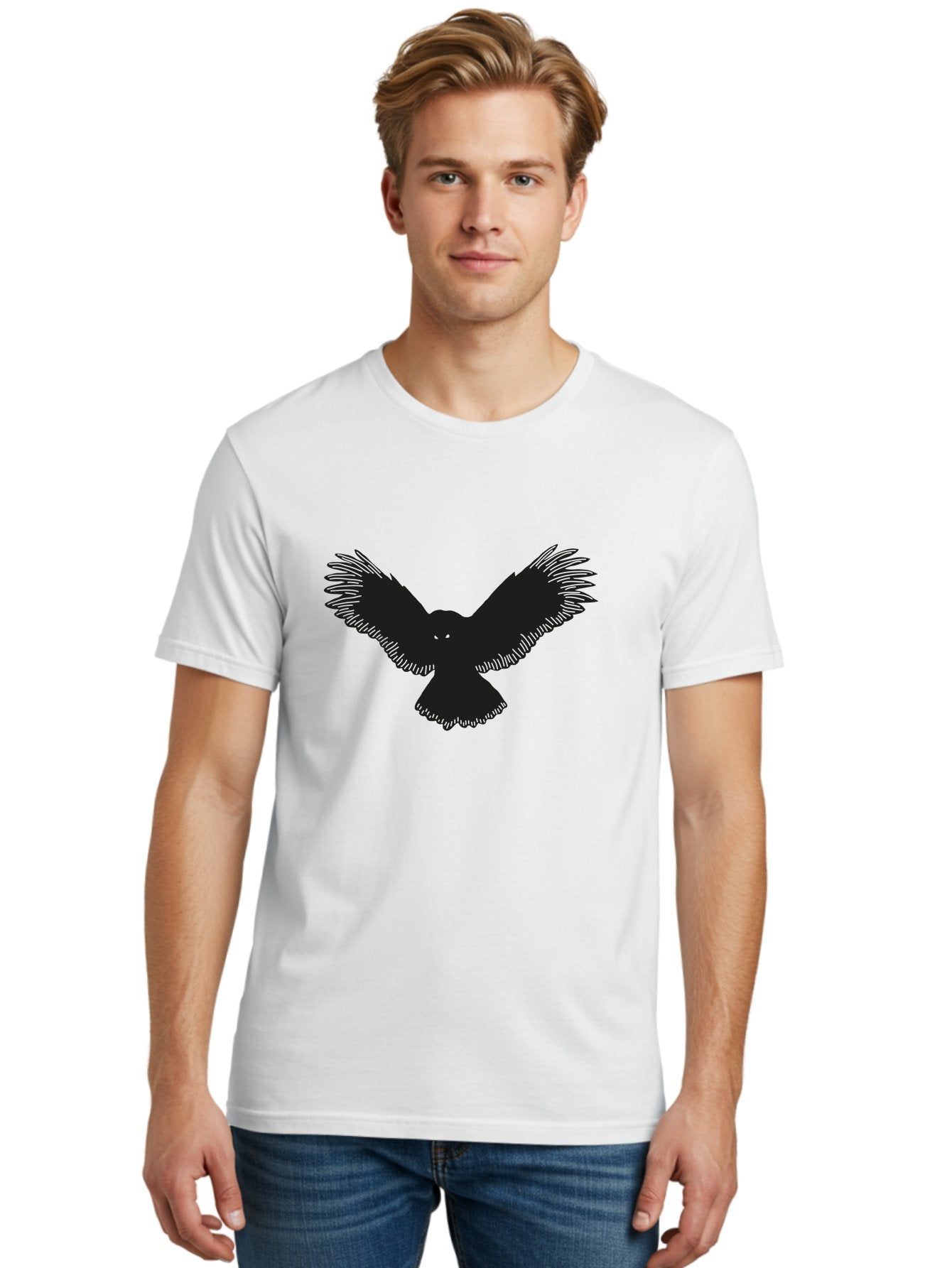 Black-Bird-Silhouette-With-Green-Eyes Men'S Graphic Tee, 100% Cotton, Comfortable Casual Summer Wear, Machine Washable, Bird In Flight, Black Silhouette, Feathers, Wings Spread, Owl-Like Features, Glowing Eyes, Dark Bird, Flight Motion, Aac187 24
