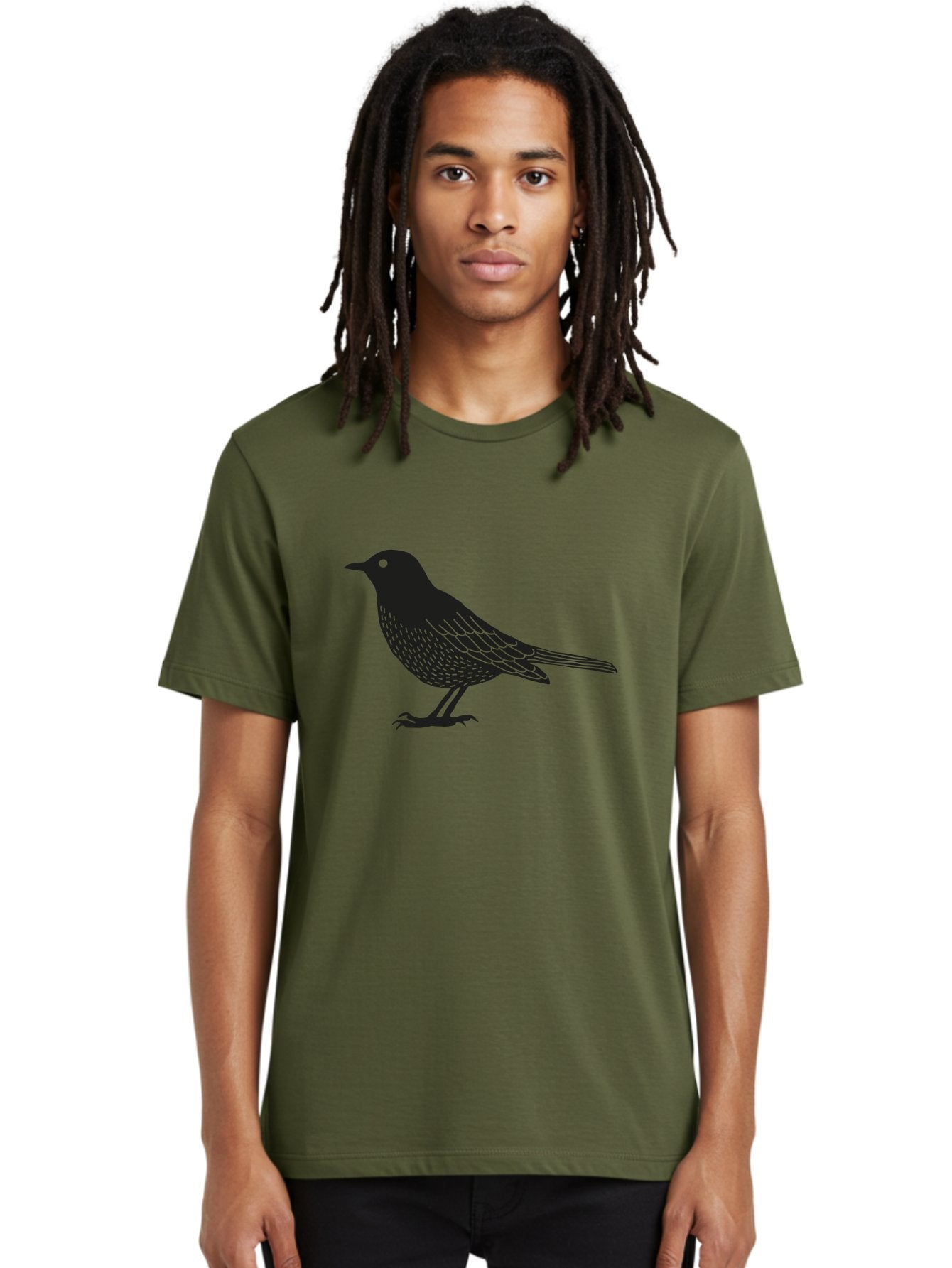 Black-Bird Men'S Graphic Tee, 100% Cotton, Comfortable Casual Summer Wear, Machine Washable, Black Bird, Bird Silhouette, Simple Art, Minimalist Design, Wildlife Illustration, Green Eye, Bird Watching, Nature Graphics Aac188 23