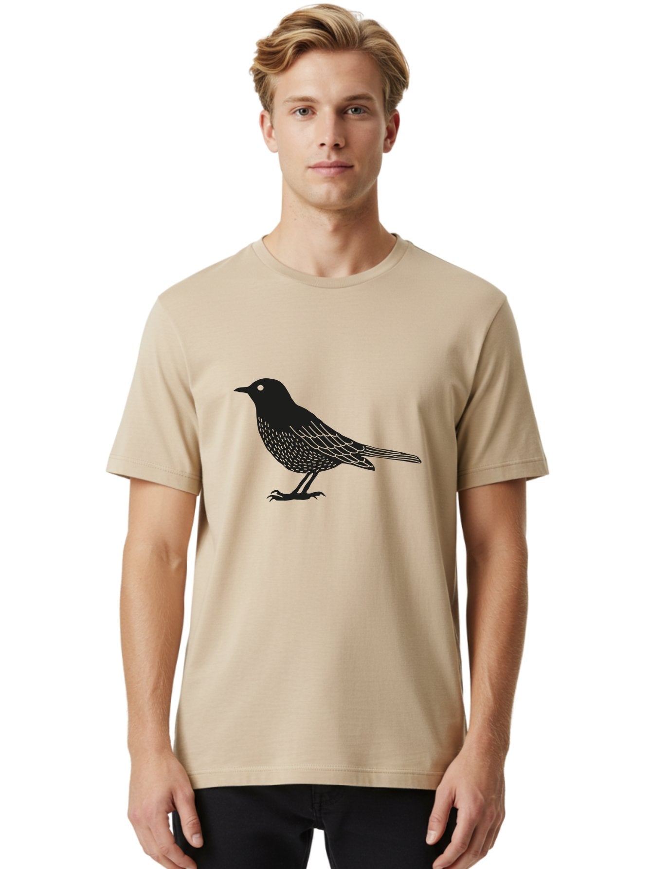 Black-Bird Men'S Graphic Tee, 100% Cotton, Comfortable Casual Summer Wear, Machine Washable, Black Bird, Bird Silhouette, Simple Art, Minimalist Design, Wildlife Illustration, Green Eye, Bird Watching, Nature Graphics Aac188 19