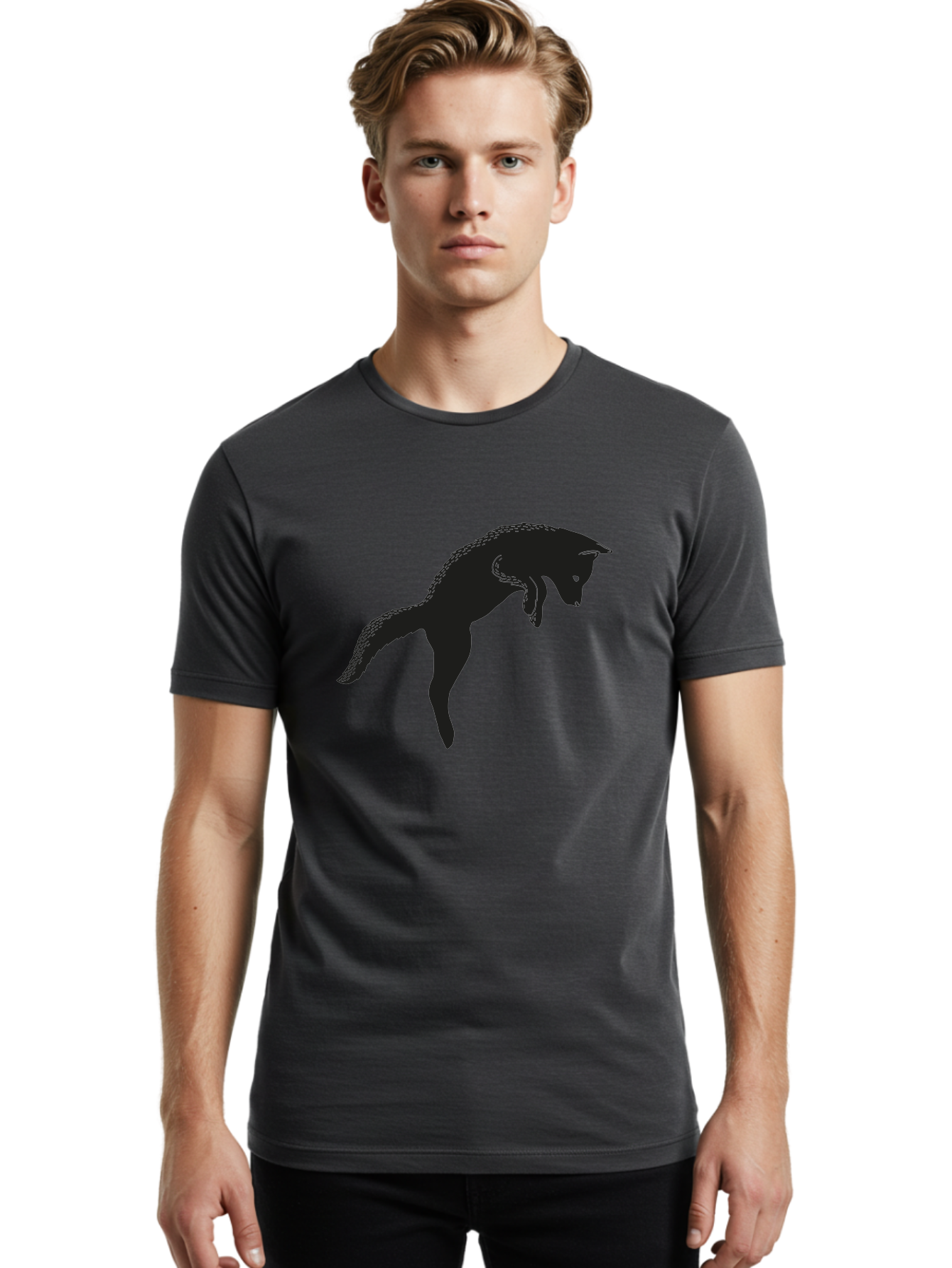 Black-Fox-Silhouette Men'S Graphic Tee, 100% Cotton, Comfortable Casual Summer Wear, Machine Washable, Squirrel Silhouette, Animal Graphic, Wildlife Illustration, Forest Creature, Cute Animal, Jumping Squirrel, Nut Love, Tree Dweller, Aac190 8